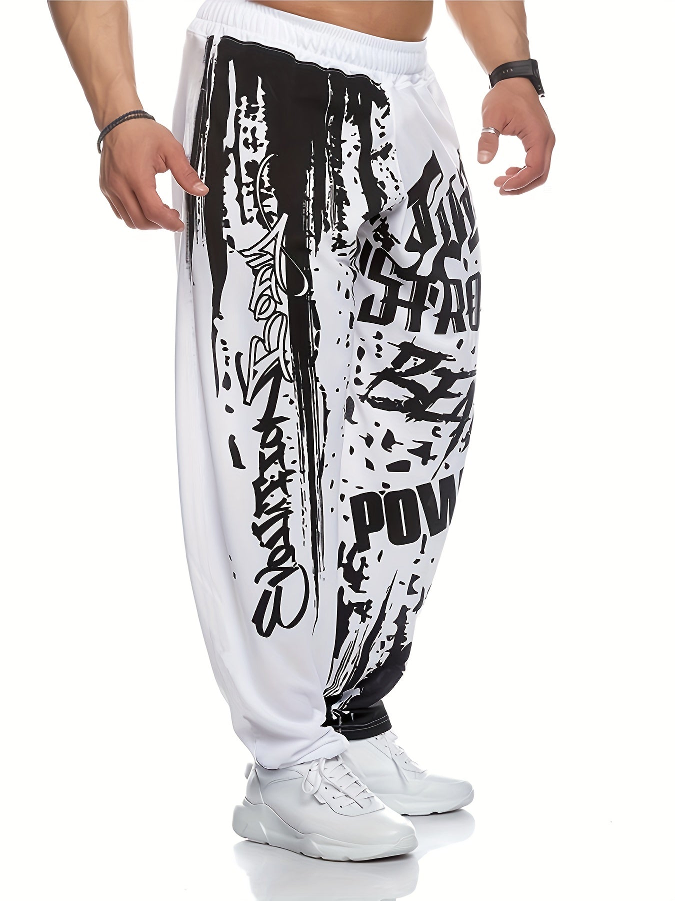 Trendy Loose Fit Printed Joggers, Men's Casual Street Style Stretch Sweatpants For Spring Fall