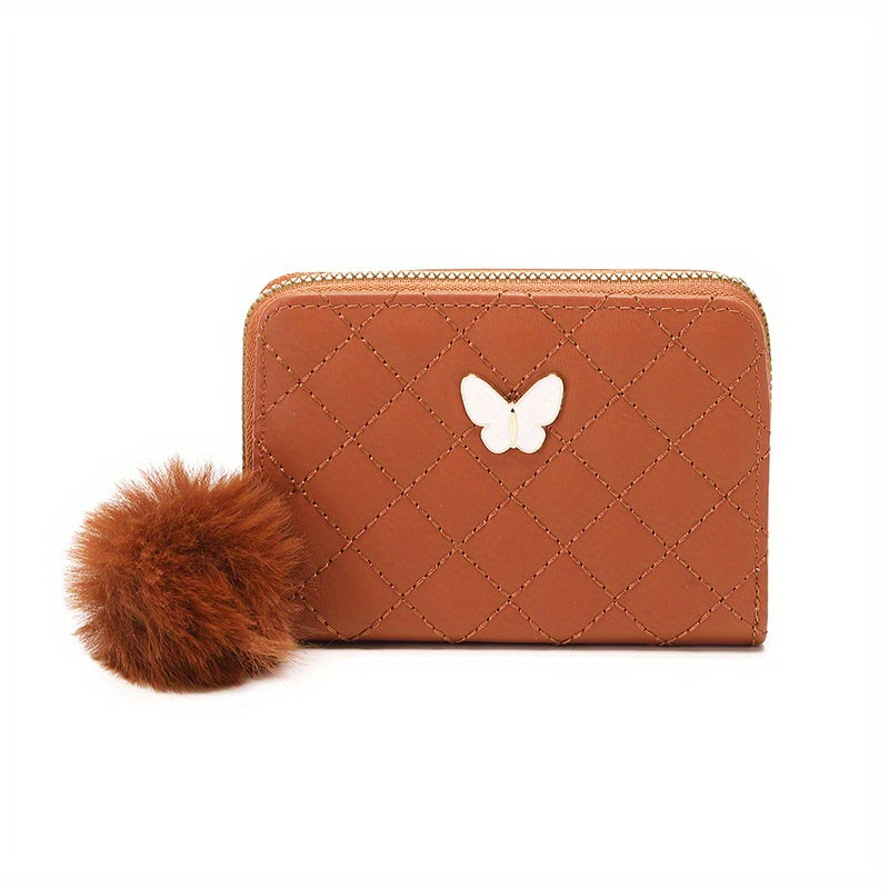 Butterfly Decor Short Wallet, Zipper Around Coin Purse, Quilted Detail Card Holder With Pom Pom