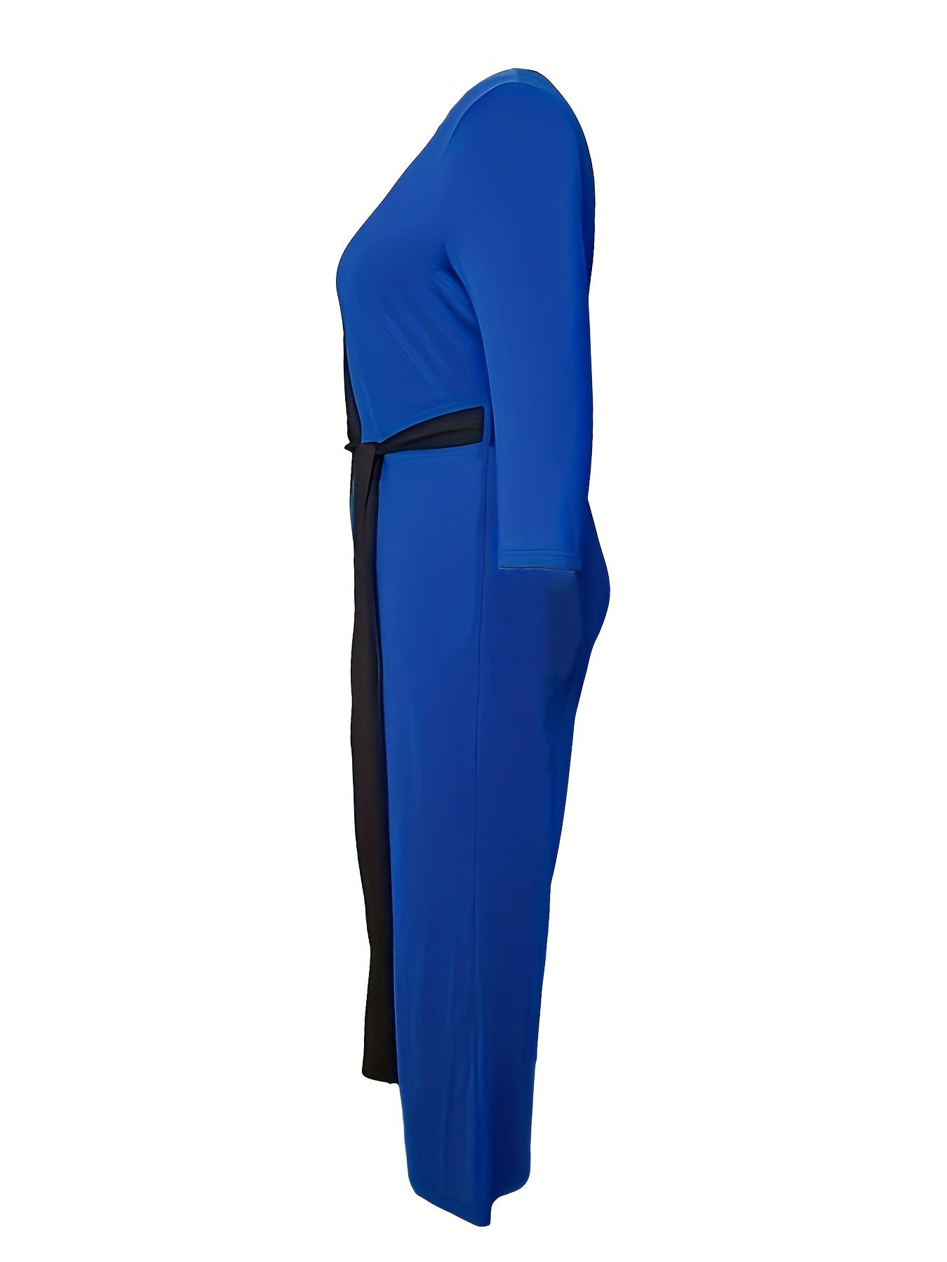 Plus Size Casual Jumpsuit, Women's Plus Colorblock Long Sleeve Surplice Neck Slight Stretch Belted Jumpsuit