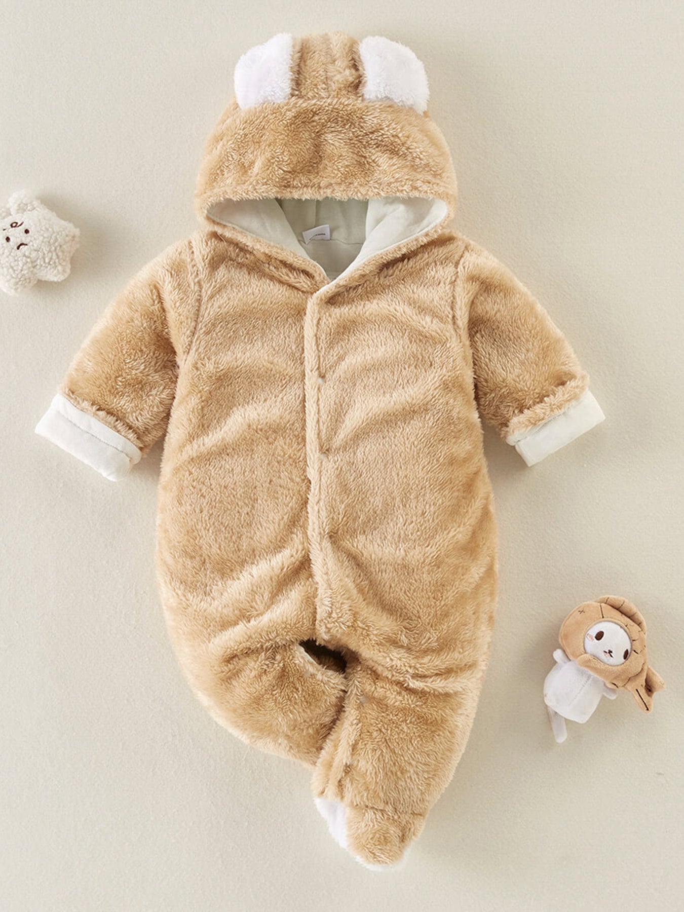 Baby Plush Long Sleeve Faux Fur Jumpsuit With Bear Ears Design For Fall Winter New