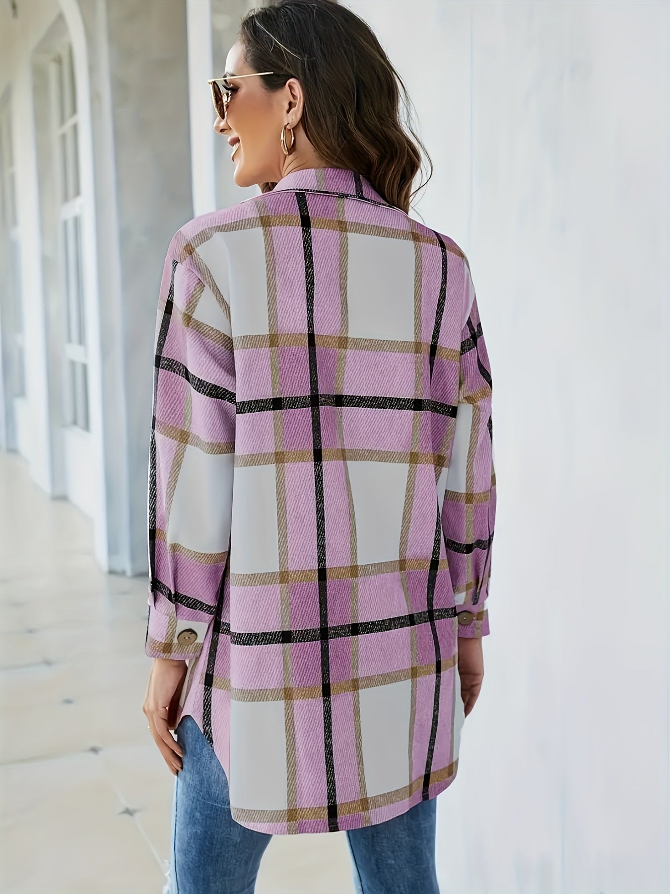 Plus Size Casual Coat, Women's Plus Plaid Print Long Sleeve Button Up Lapel Collar Tunic Coat