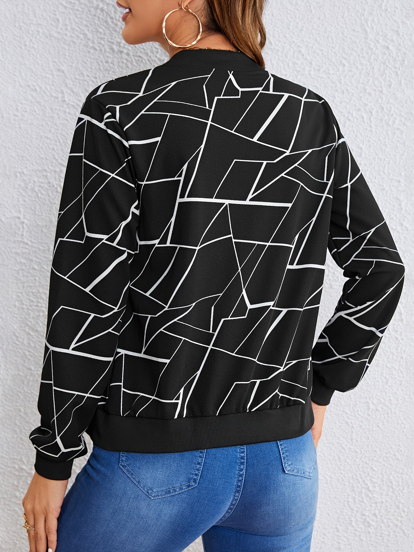 Geo Print Zipper Front Jacket, Casual Long Sleeve Jacket For Spring & Fall, Women's Clothing
