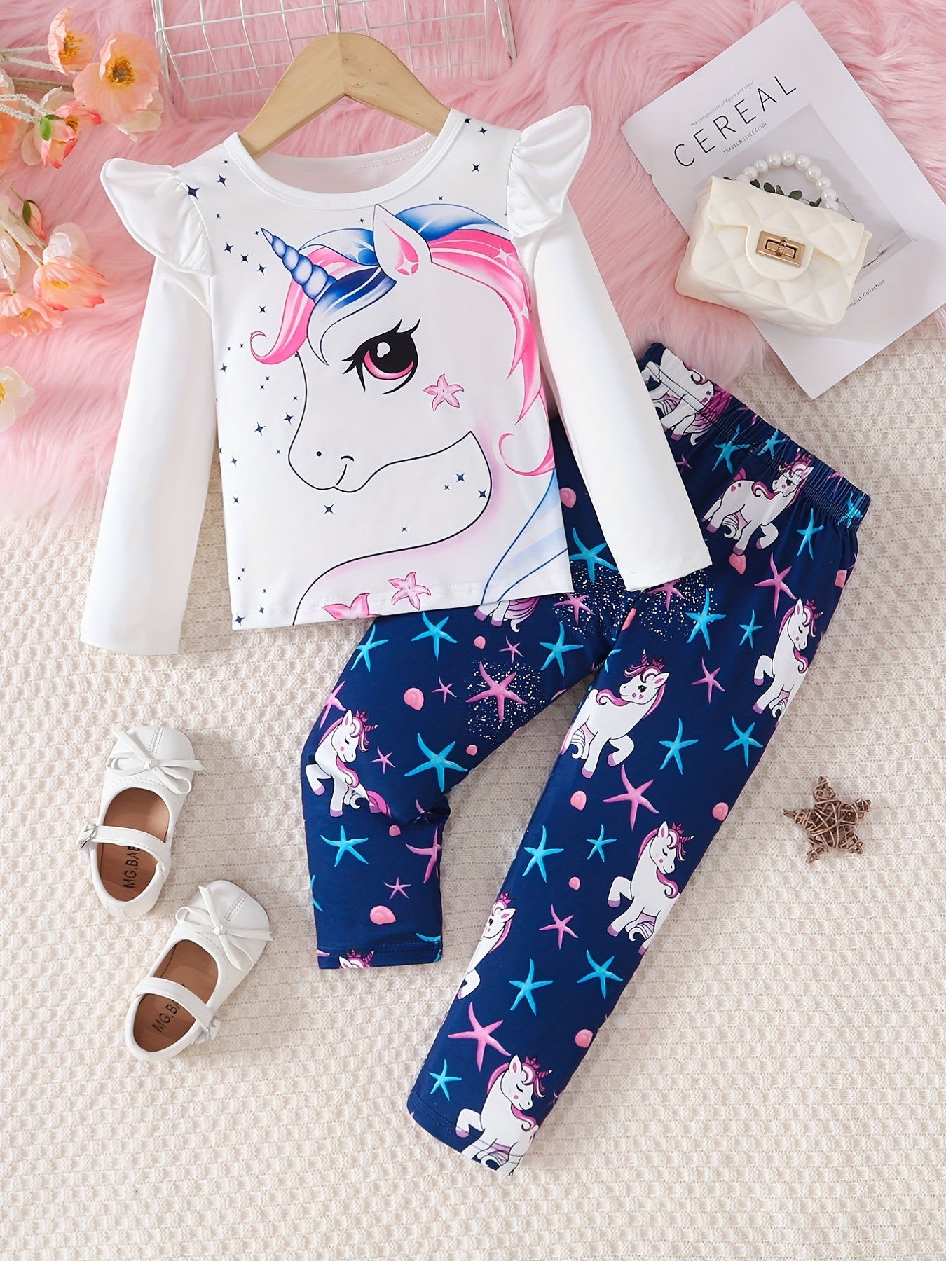 Toddler Girl's 2pcs, Long Sleeve Top & Pants Set, Unicorn Starfish Print Ruffle Decor Casual Outfits, Kids Clothes For Spring Fall