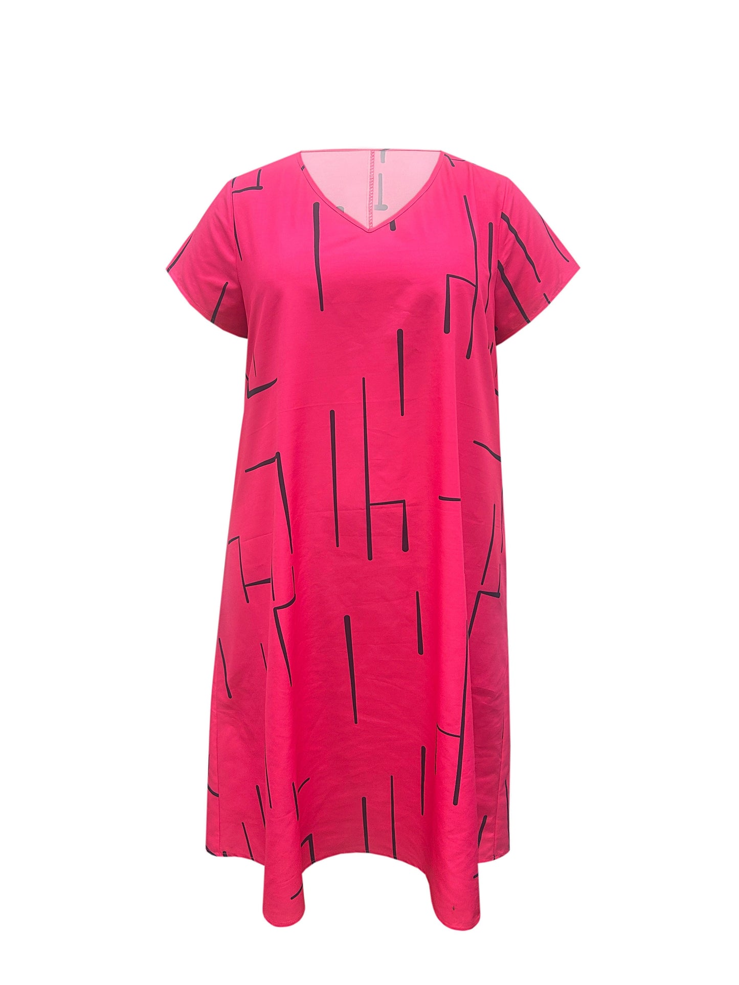 Plus Size Casual Dress, Women's Plus Stripe Print Short Sleeve V Neck Slight Stretch Dress