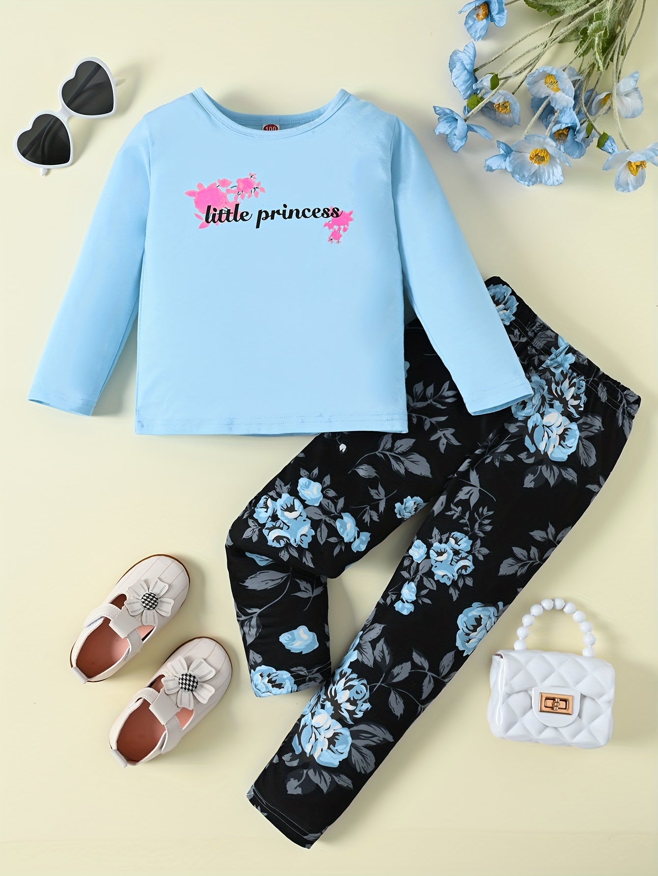 Girl's Floral Pattern Outfit 2pcs, Long Sleeve Top & Leggings Set, LITTLE PRINCESS Print Kid's Clothes For Spring Fall