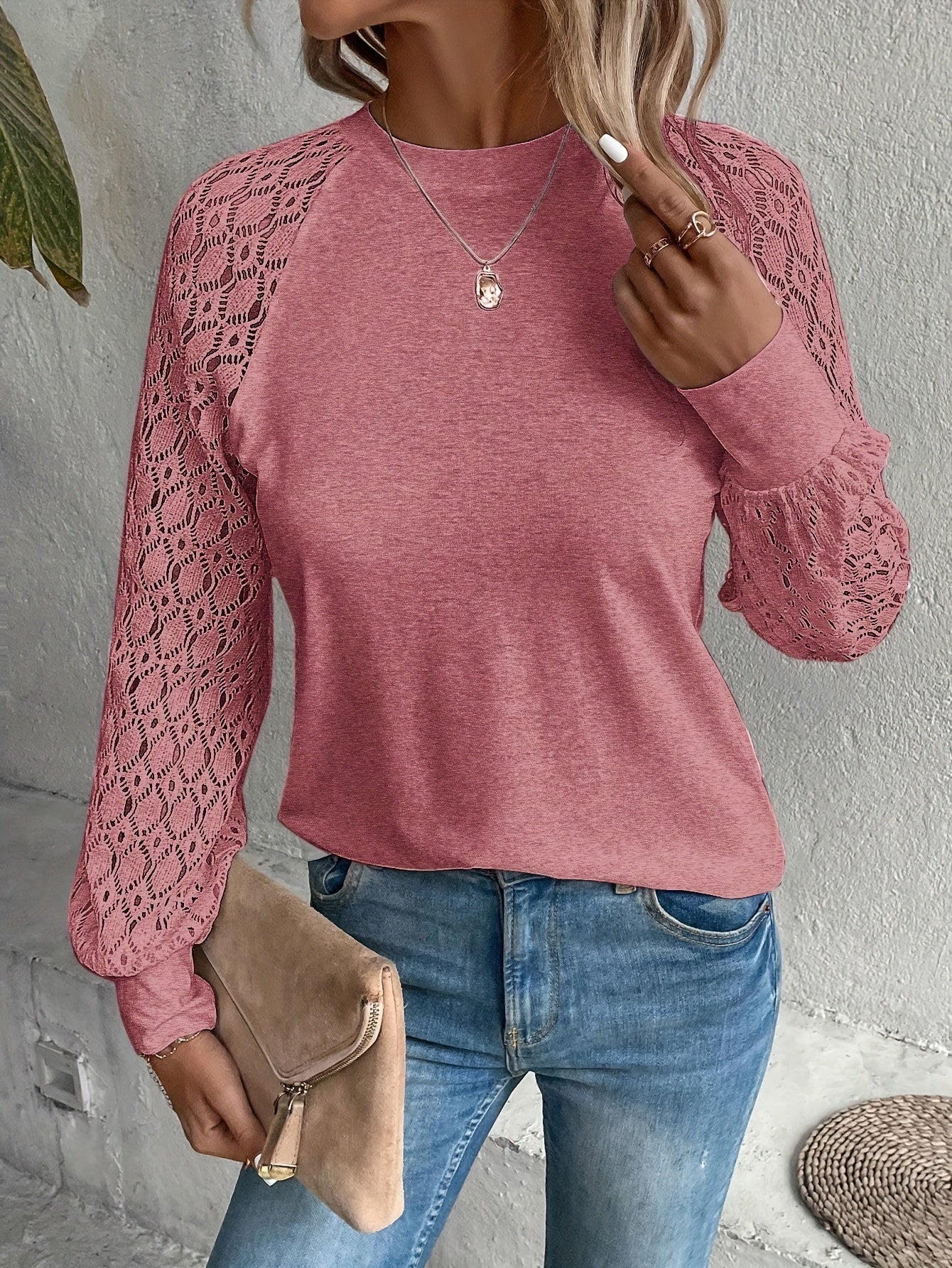Contrast Lace Crew Neck Knitted Top, Elegant Long Sleeve Sweater For Spring & Fall, Women's Clothing