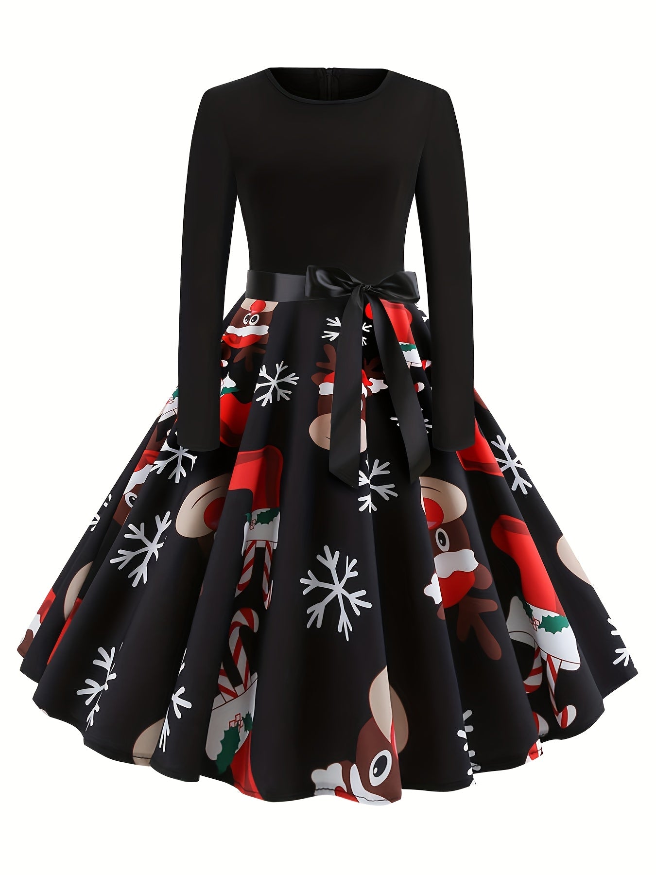 Christmas Graphic Print Dress, Elegant Crew Neck Long Sleeve Dress, Women's Clothing