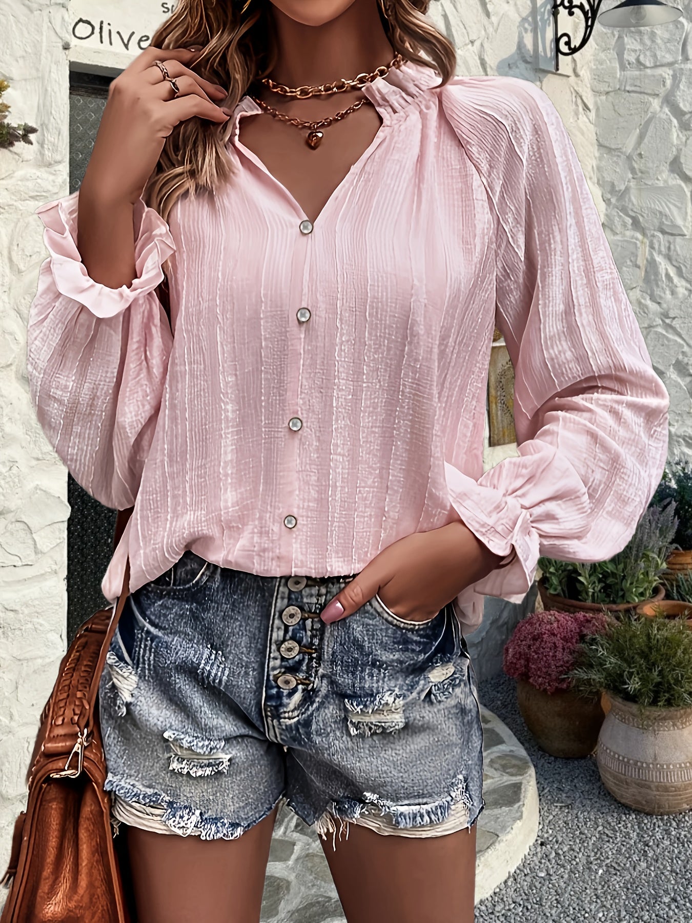 Solid V Neck Blouse, Casual Long Sleeve Ruffle Trim Blouse, Women's Clothing