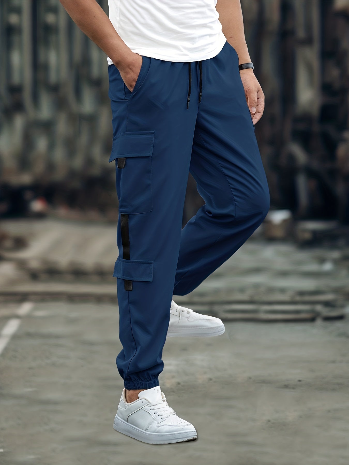 Multi Flap Pockets Cargo Pants, Men's Casual Loose Fit Drawstring Solid Color With Side Black Straps Design Cargo Pants Joggers For Spring Summer Outdoor