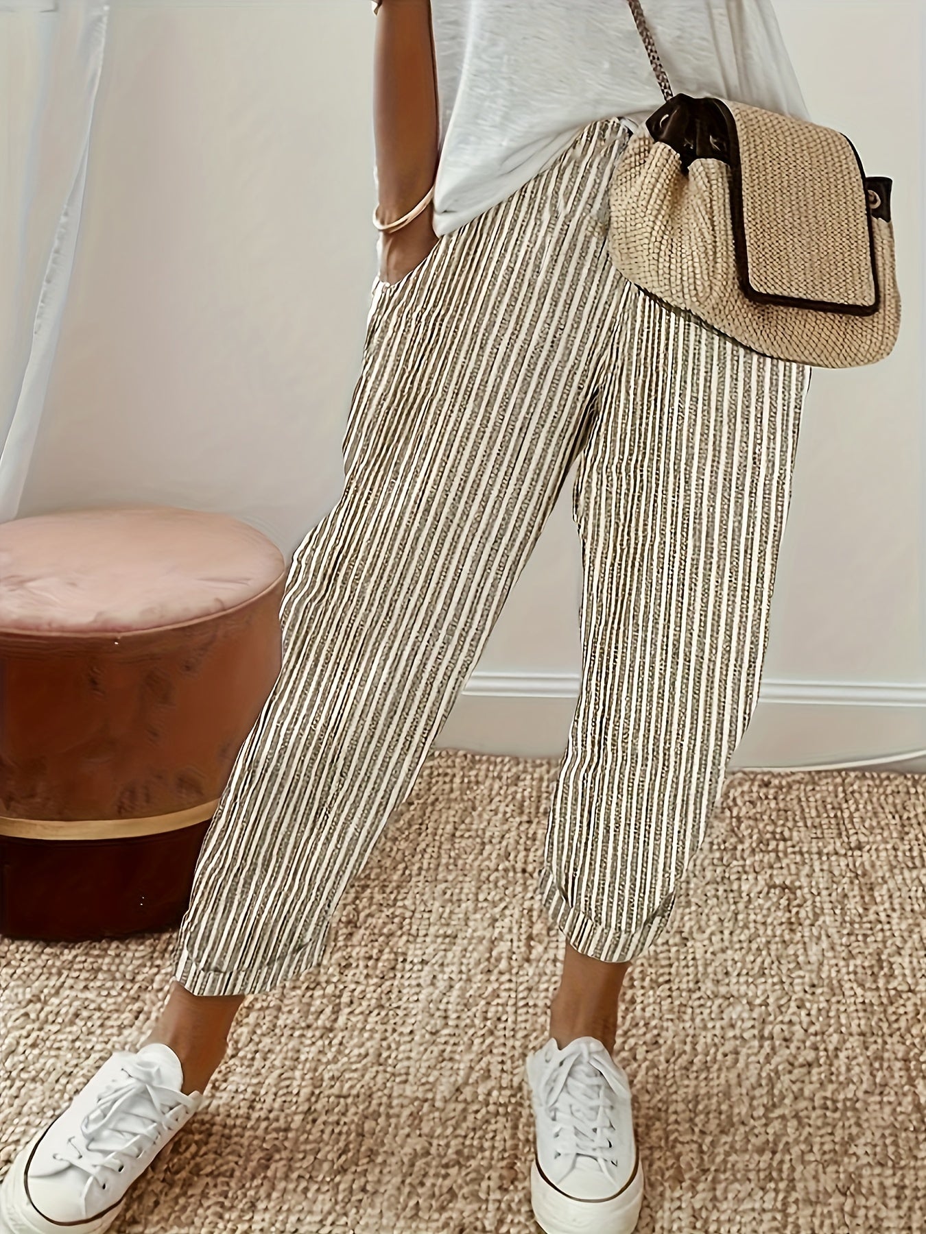 Striped Slant Pocket Elastic Waist Pants, Casual Pants For Spring & Fall, Women's Clothing