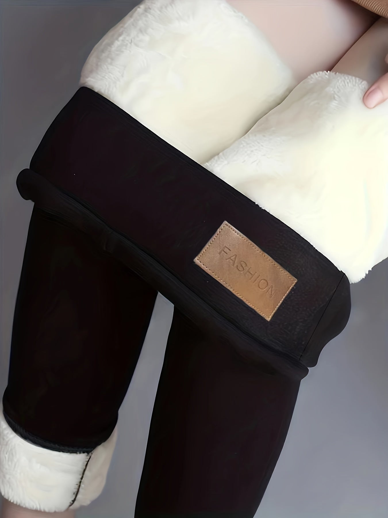 Plus Size Casual Pants, Women's Plus Solid Letter Patch Fleece Liner Slight Stretch Winter Leggings