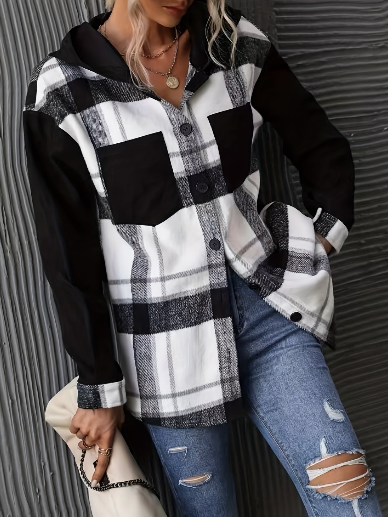 Plaid Print Hooded Jacket, Casual Button Front Long Sleeve Outerwear, Women's Clothing