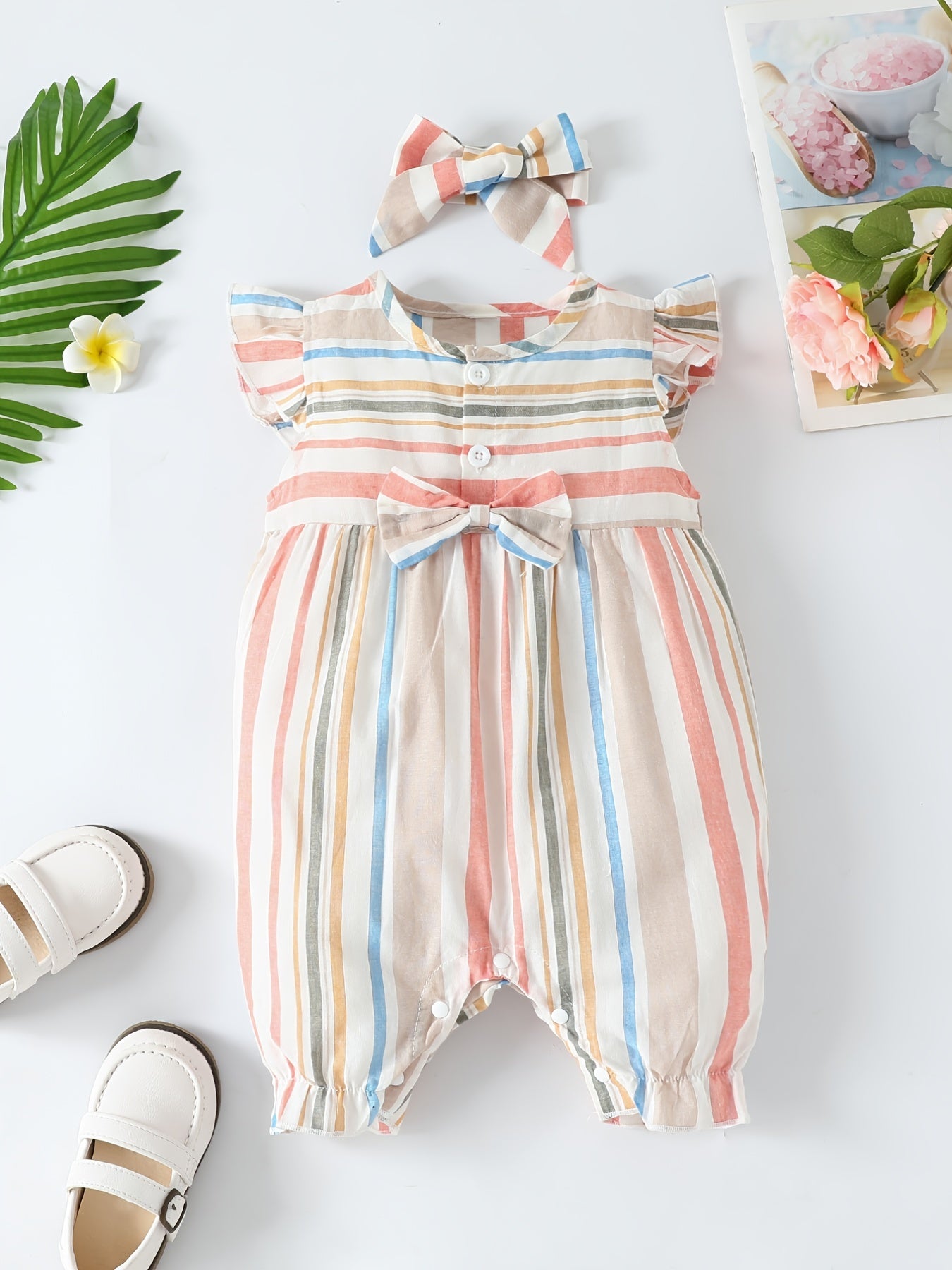 Baby Girls Cute Casual Striped Ruffled Romper With Bow Decoration & Bow Headband Set For Summer