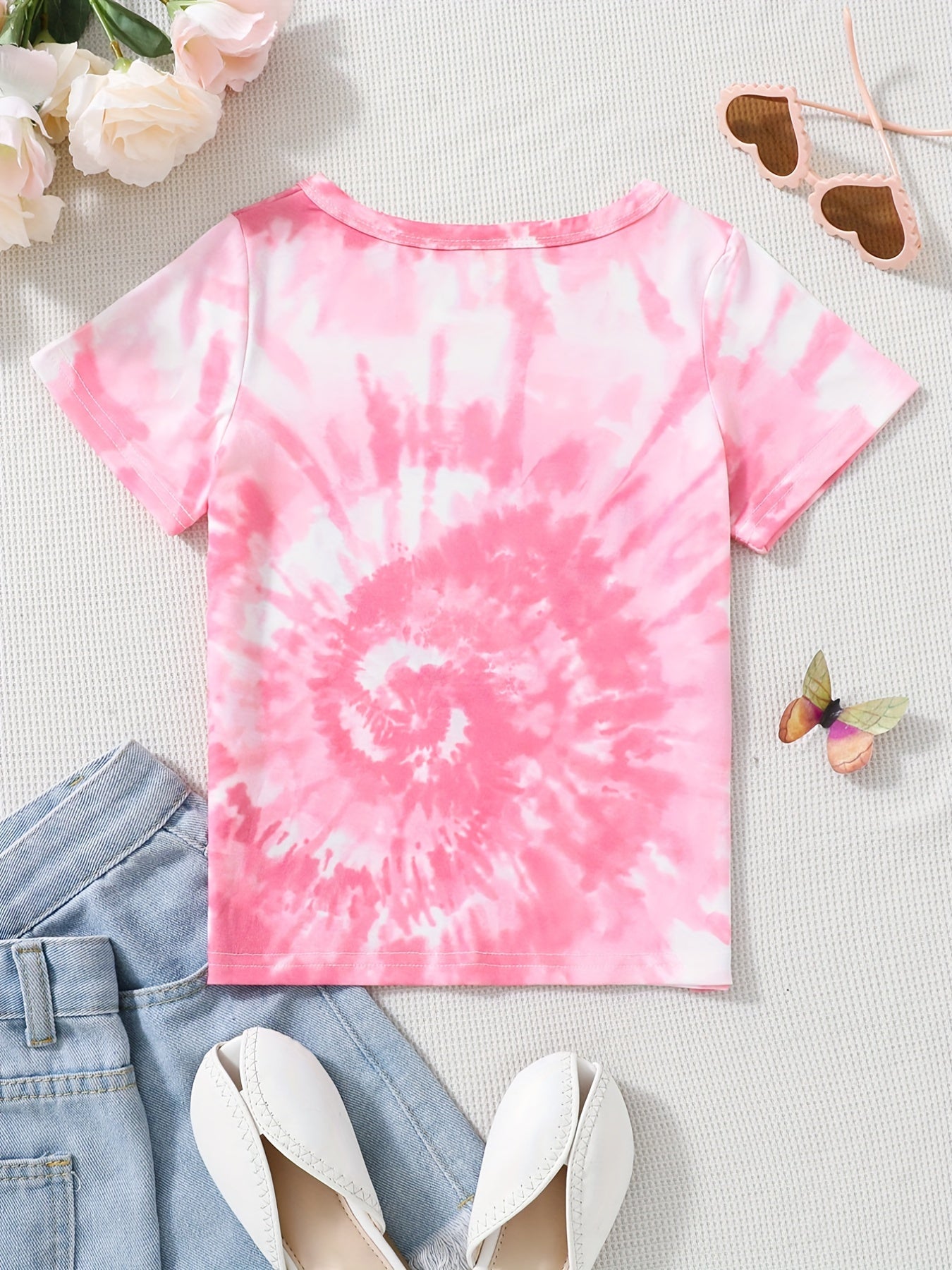 Toddler Girls Tie Dye Heart And Butterfly Graphic T-Shirt, Casual Round Neck Tees Top, Kids Summer Clothes
