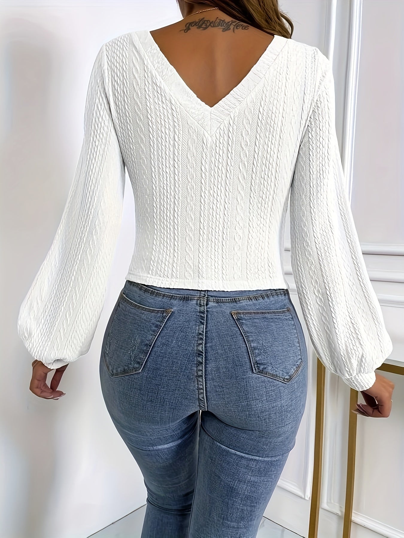 Solid Cable V Neck Pullover Sweater, Casual Lantern Sleeve Drop Shoulder Sweater, Women's Clothing