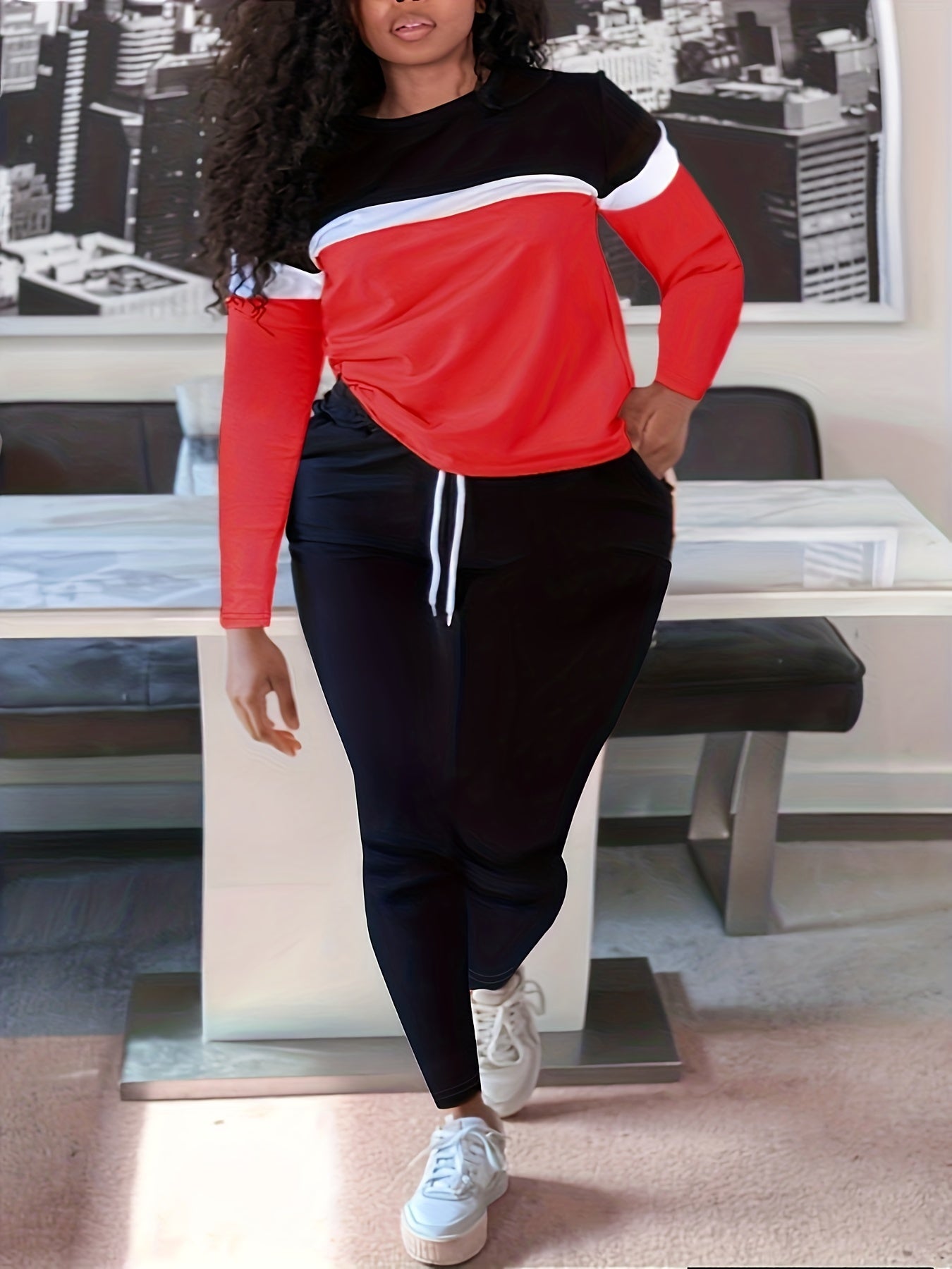 Plus Size Casual Outfits Two Piece Set, Women's Plus Colorblock Long Sleeve Round Neck Top & Pants Outfits 2 Piece Set