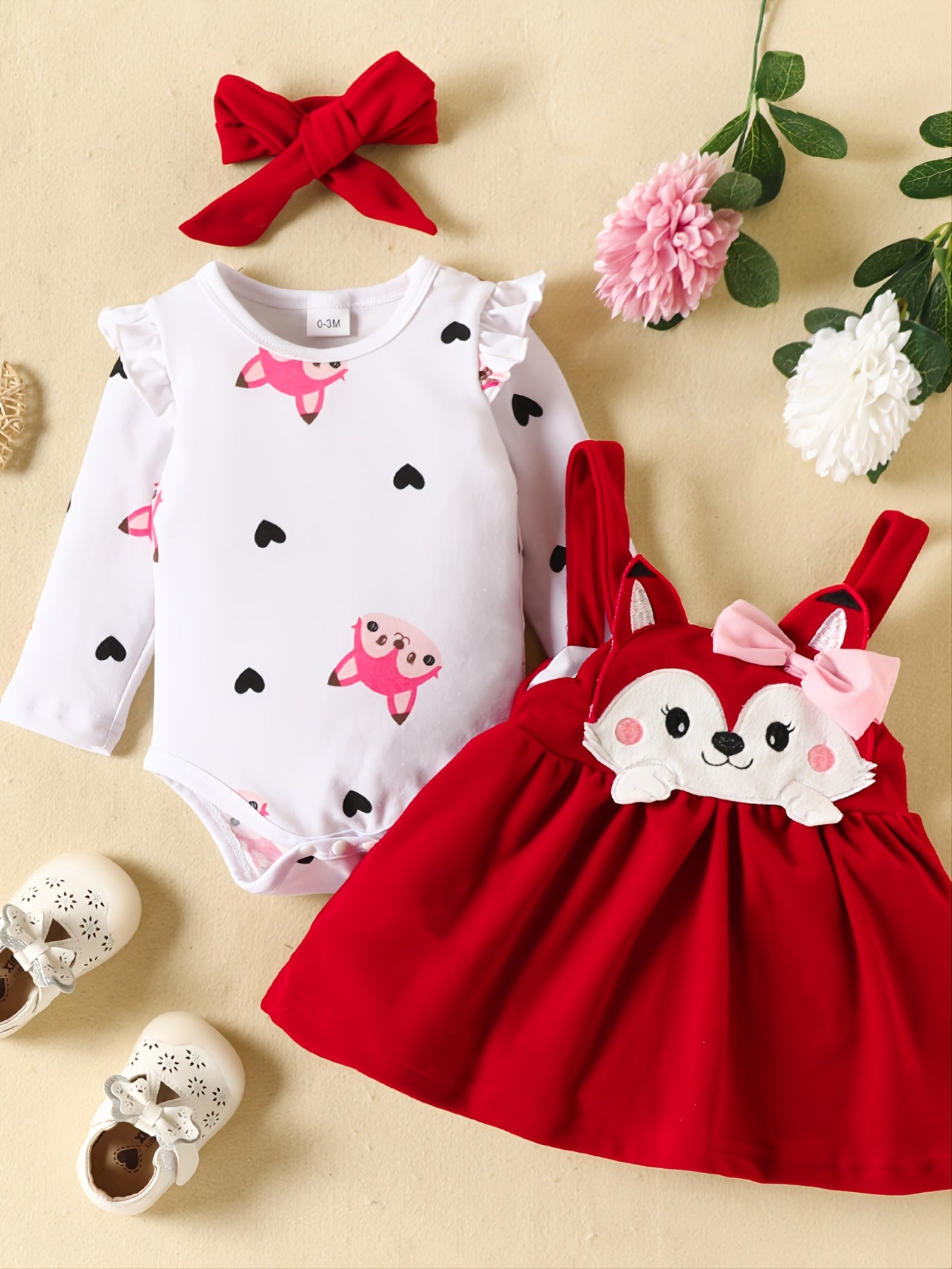 New Baby Girl Cute Fox Pattern Long-sleeved Suspender Skirt Outfit