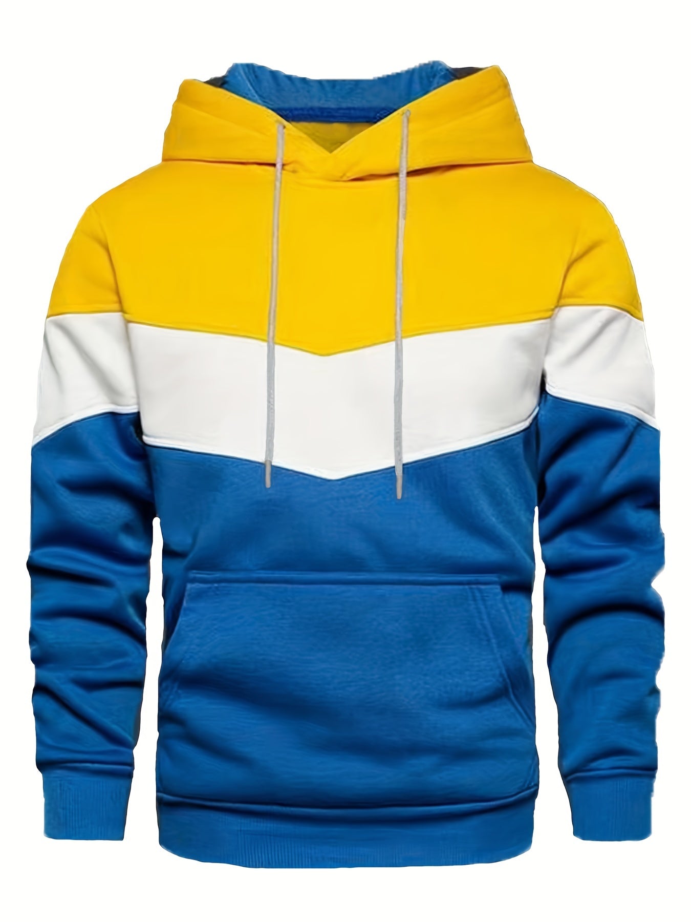 Kangaroo Pocket Drawstring Hoodie, Men's Casual Patchwork Color Block Slightly Stretch Hooded Sweatshirt For Spring Fall