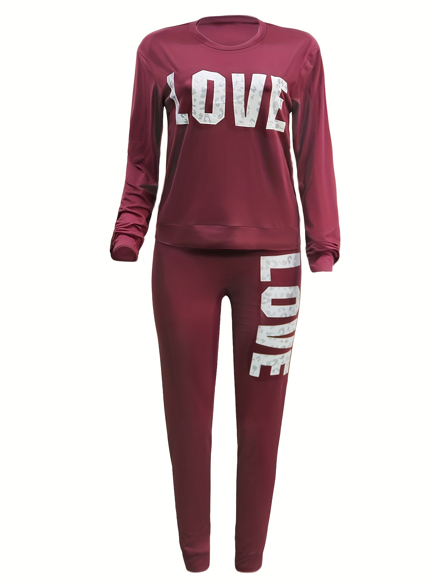 Women's Sports Two-piece Set, Love Letter Print Long Sleeve Top & Pants For Fall & Winter, Women's Clothing