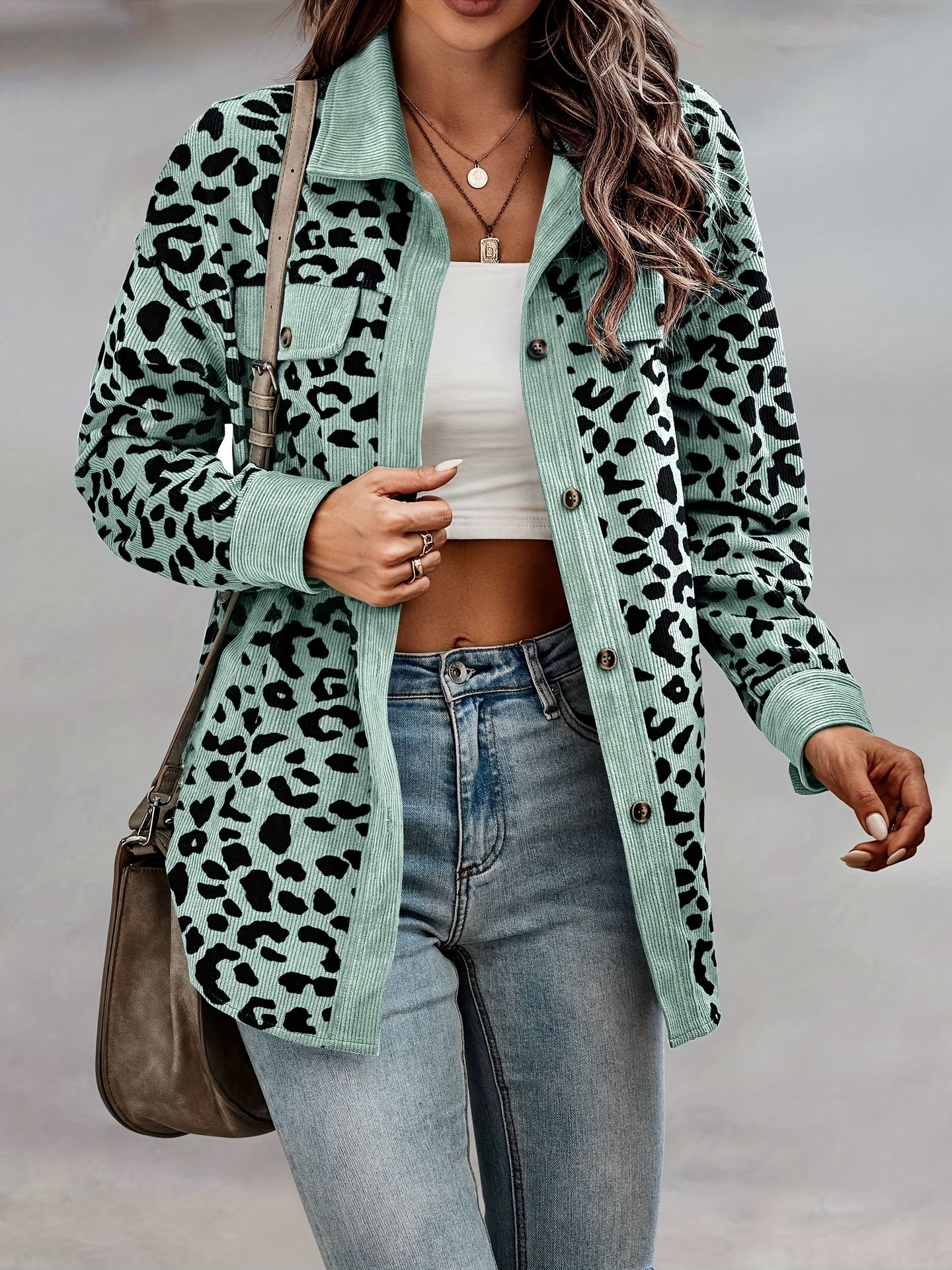 Leopard Print Shacket Jacket, Casual Button Front Turn Down Collar Long Sleeve Outerwear, Women's Clothing