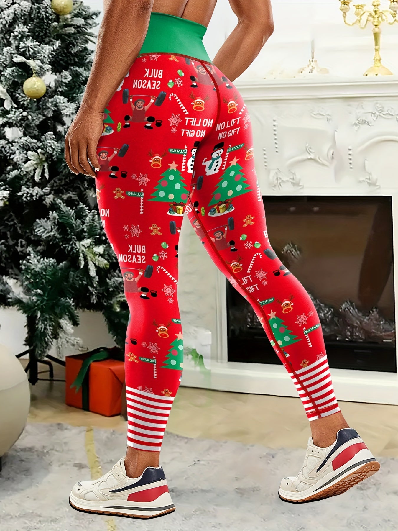 Christmas Color Block Print Running Yoga  Leggings, High Waist Hip Lifting Workout Sports Pants,Women's Activewear