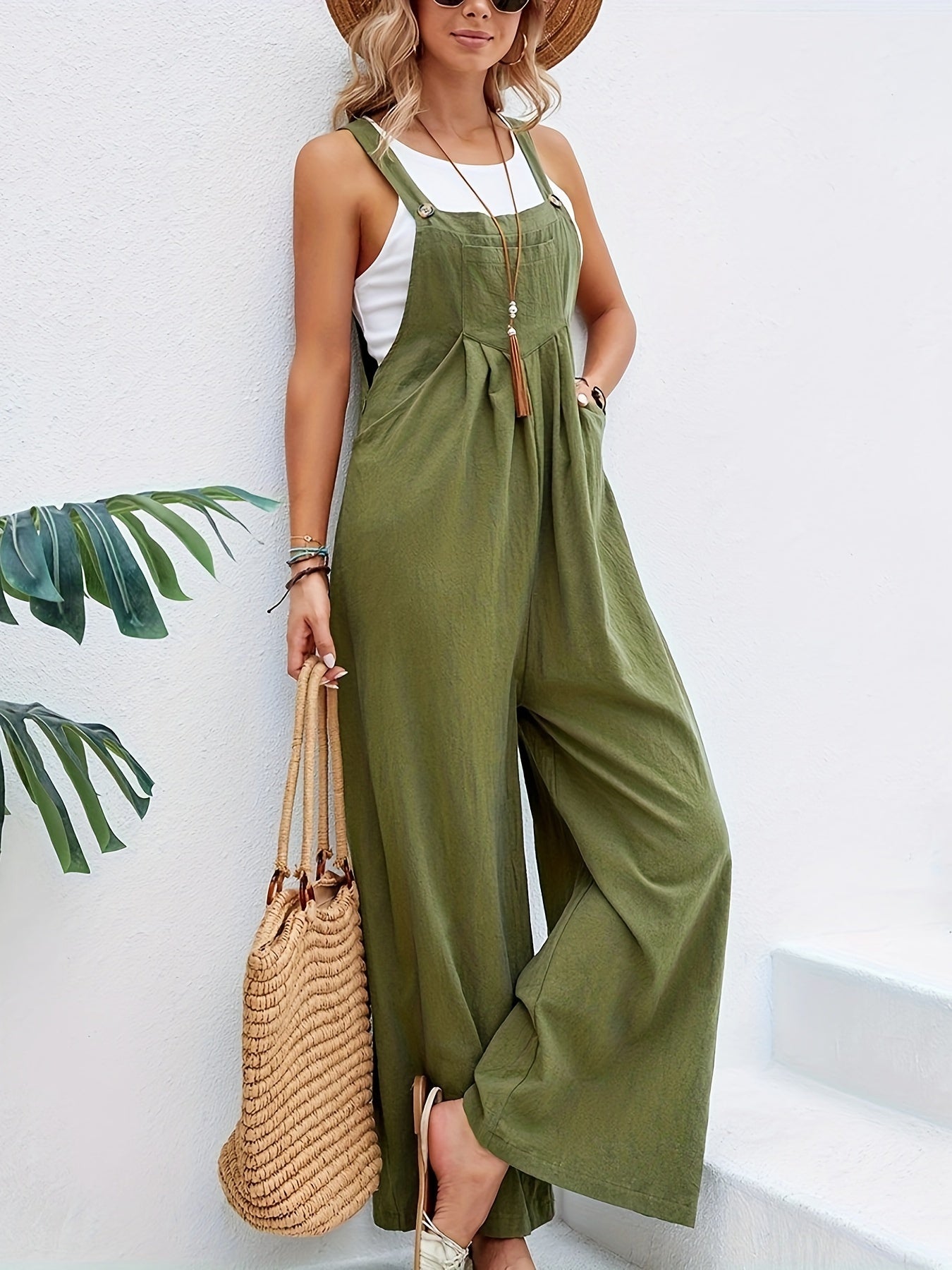 Boho Solid Sleeveless Long Length Jumpsuit, Casual Baggy Jumpsuit With Pockets, Women's Clothing