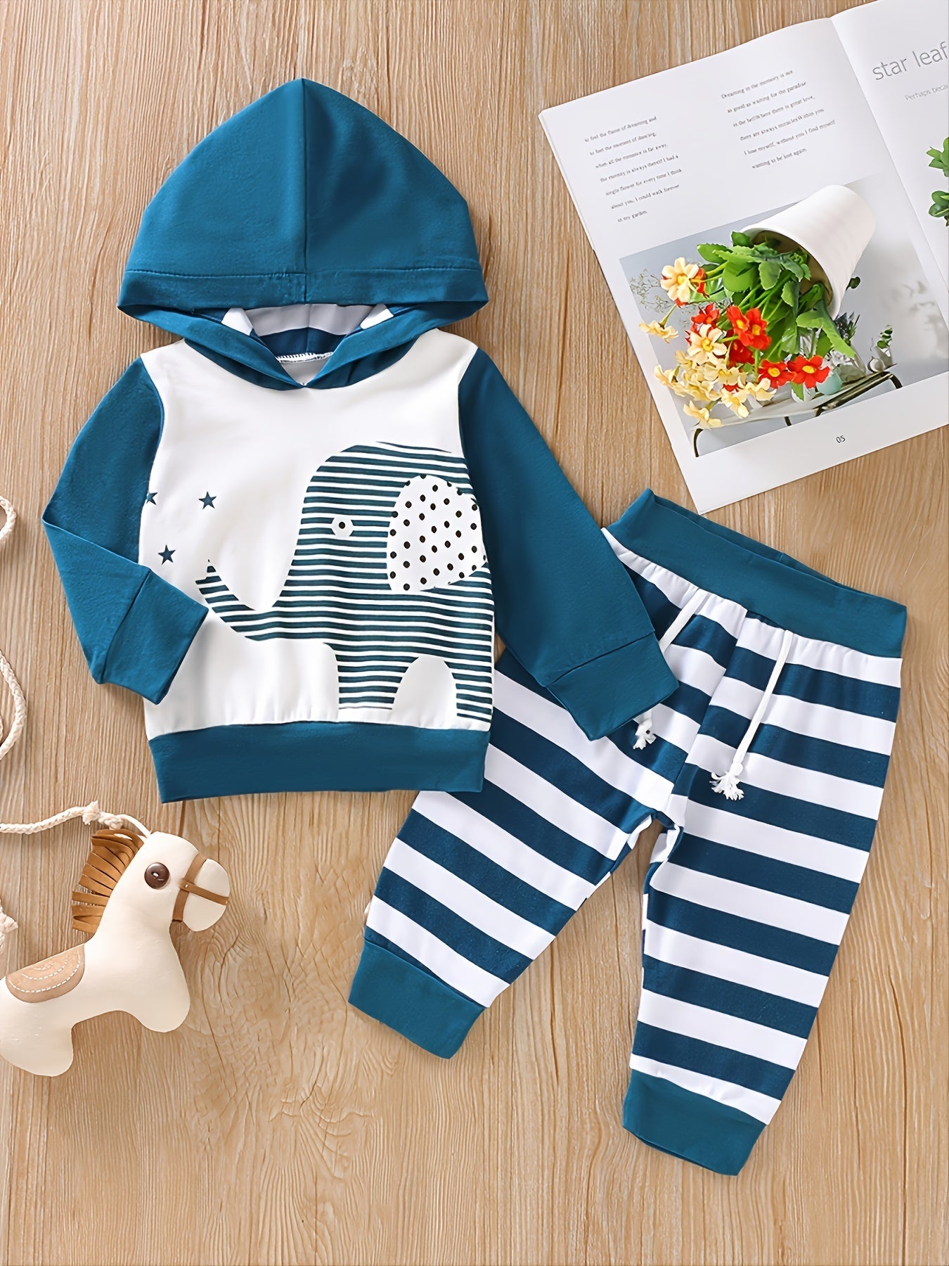 2pcs Baby Boys Elephant Long Sleeve Hoodie & Striped Pants Set Clothes