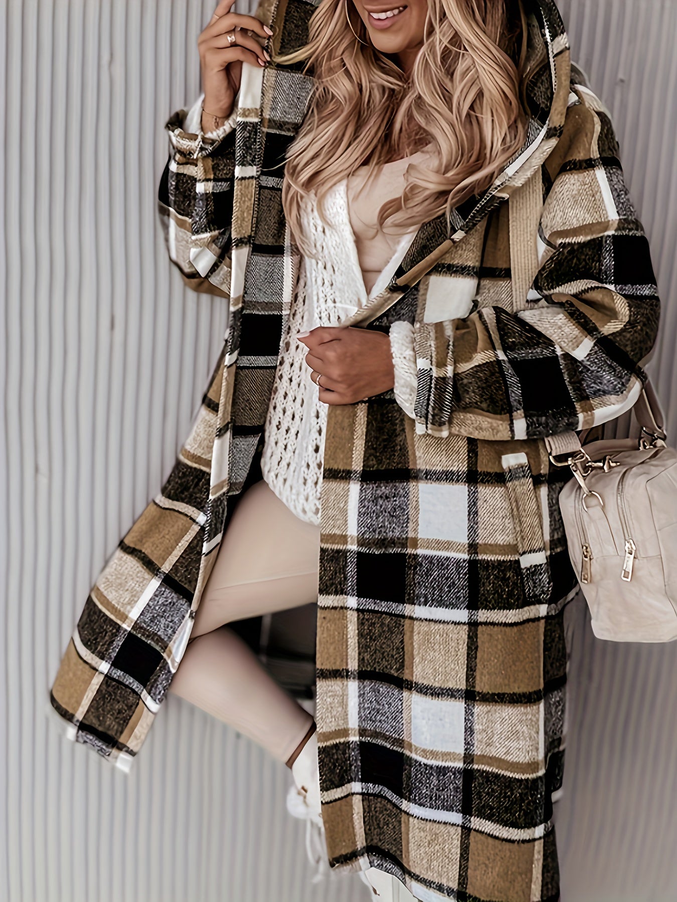 Plus Size Preppy Coat, Women's Plus Plaid Print Long Sleeve Open Front Hooded Longline Coat