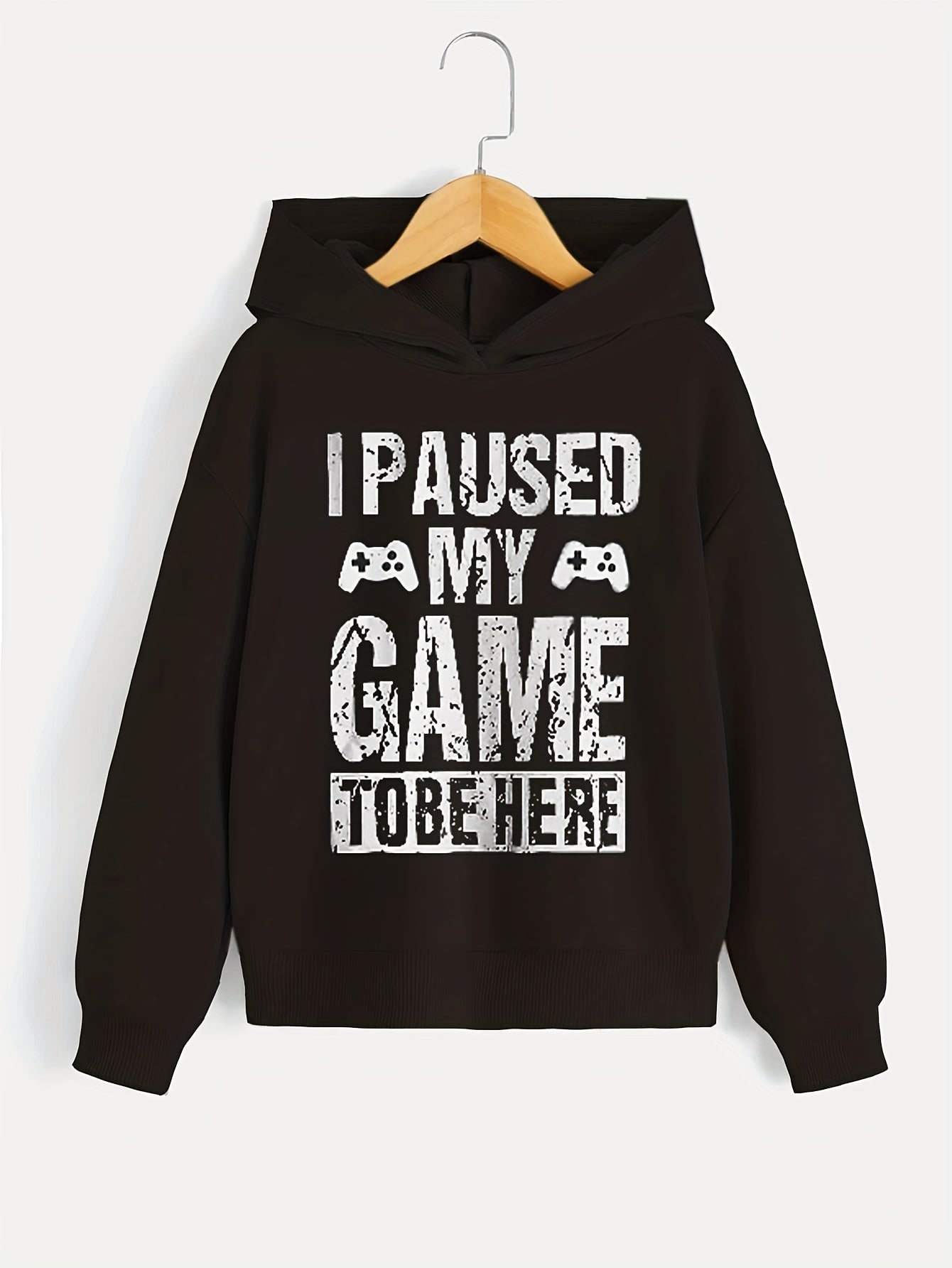 I PAUSED MY GAME TO BE HERE Letter Print Cute&Cozy Hoodie For Kids Boys - Keep Him Warm And Stylish!