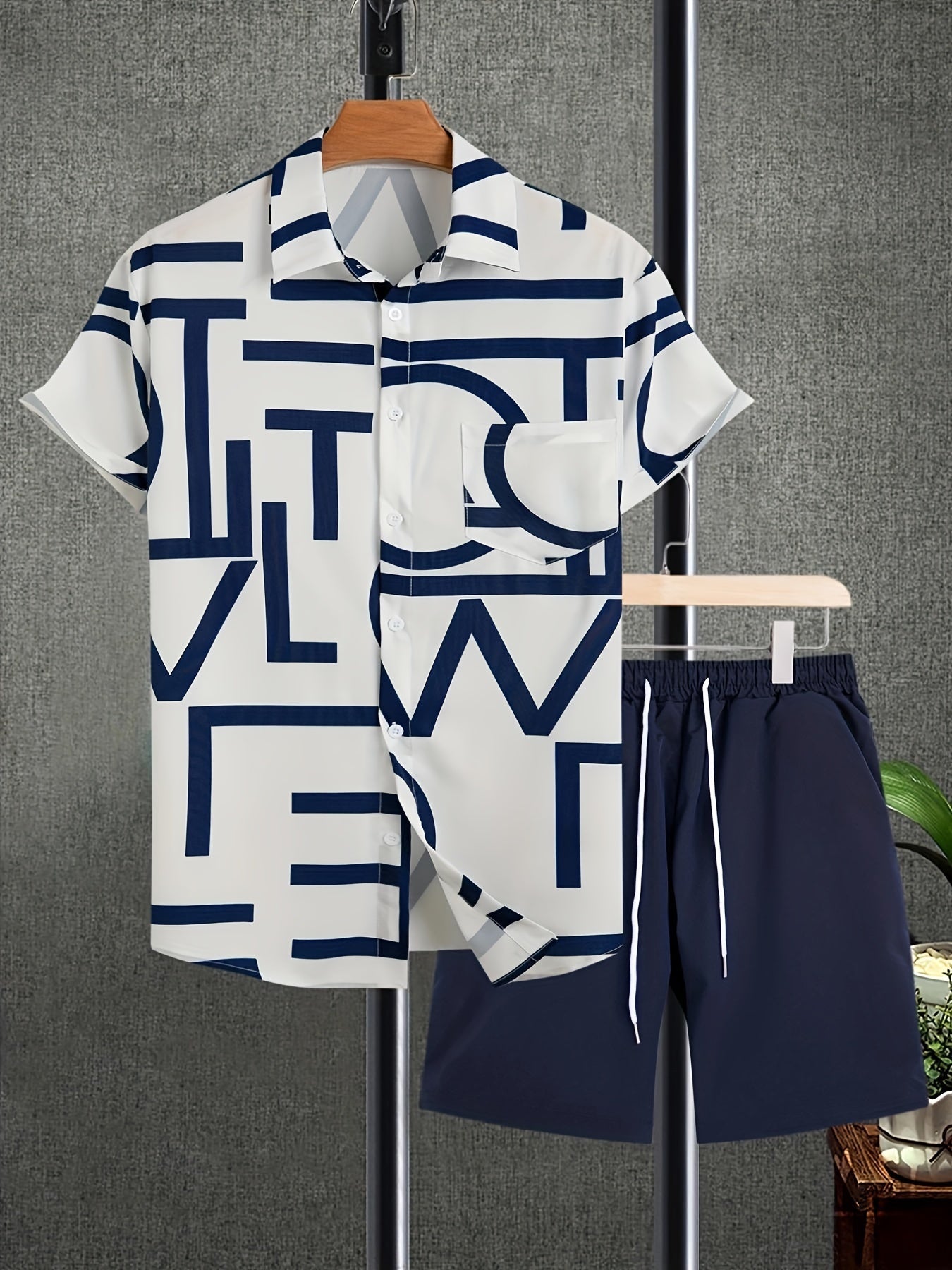 2pcs, Letter Print Everywhere Men's Summer Short Sleeve Button Up Shirt And Shorts Set