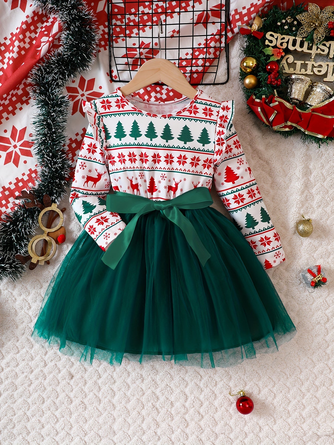 Christmas Girls Tulle Splice Long Sleeve Tutu Dress, Cute & Smart Holiday Party Dresses Outfit For Kids/ Toddlers, Gift Choice