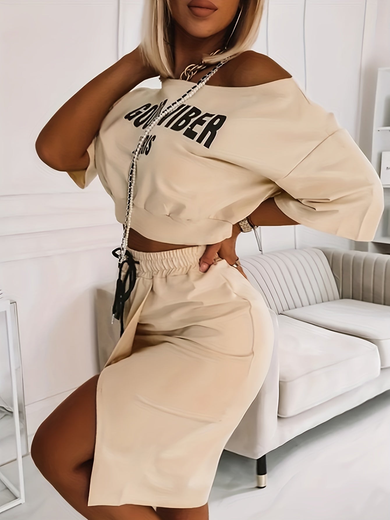 Plus Size Casual Outfits Two Piece Set, Women's Plus Letter Print One Shoulder Short Sleeve Top & Drawstring Split Hem Knee Length Skirt Outfits 2 Piece Set