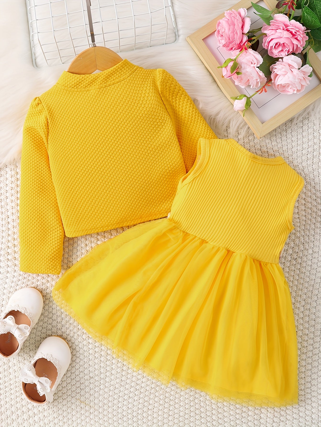 Sweet & Cute Infant Baby Girls Casual Dress Up, Single Breasted Long Sleeve Top Sleeveless Mesh Splicing Vest Skirt Set