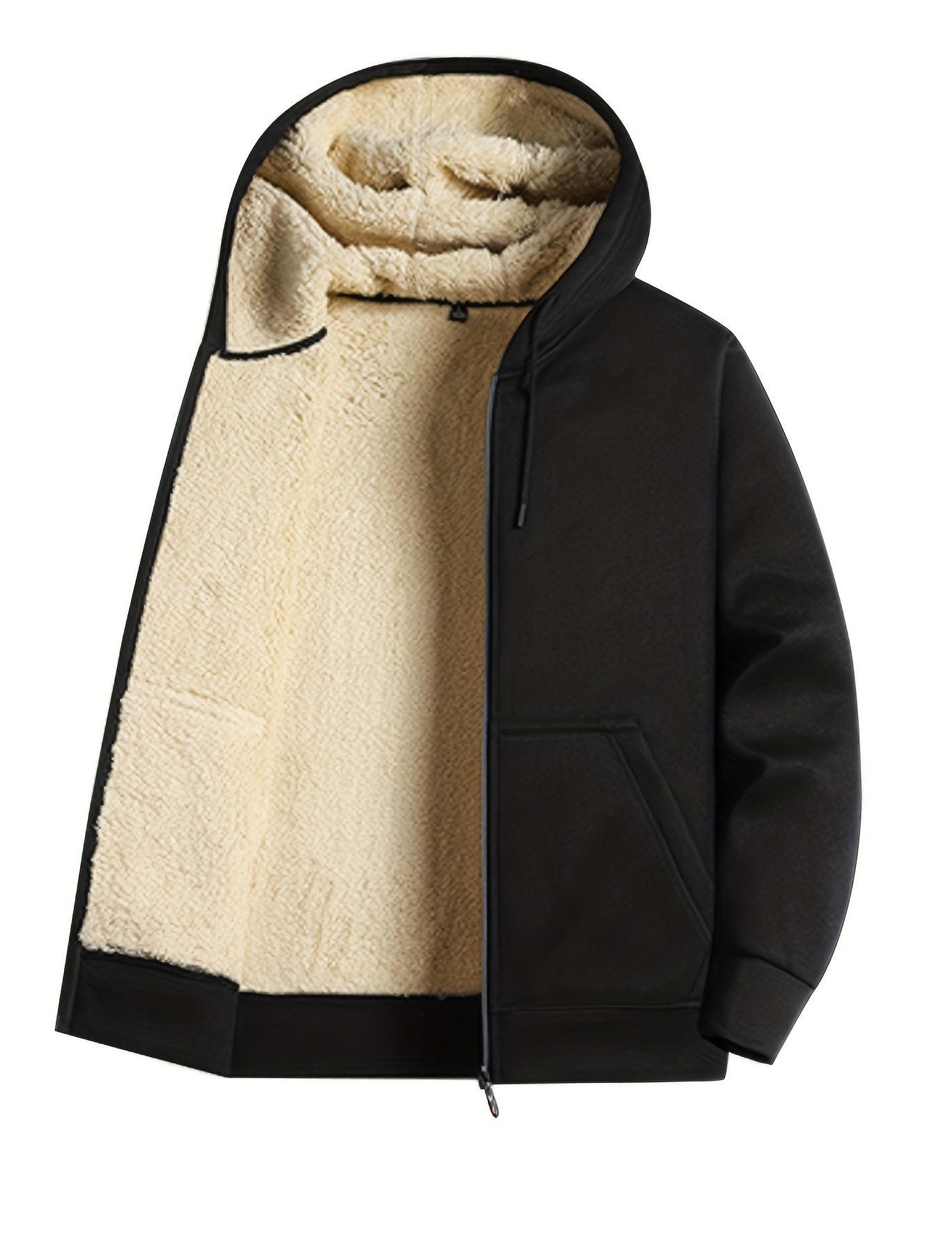 Warm Fleece Solid Hooded Winter Hooded Jacket, Men's Casual Stretch Zip Up Jacket Coat For Fall Winter