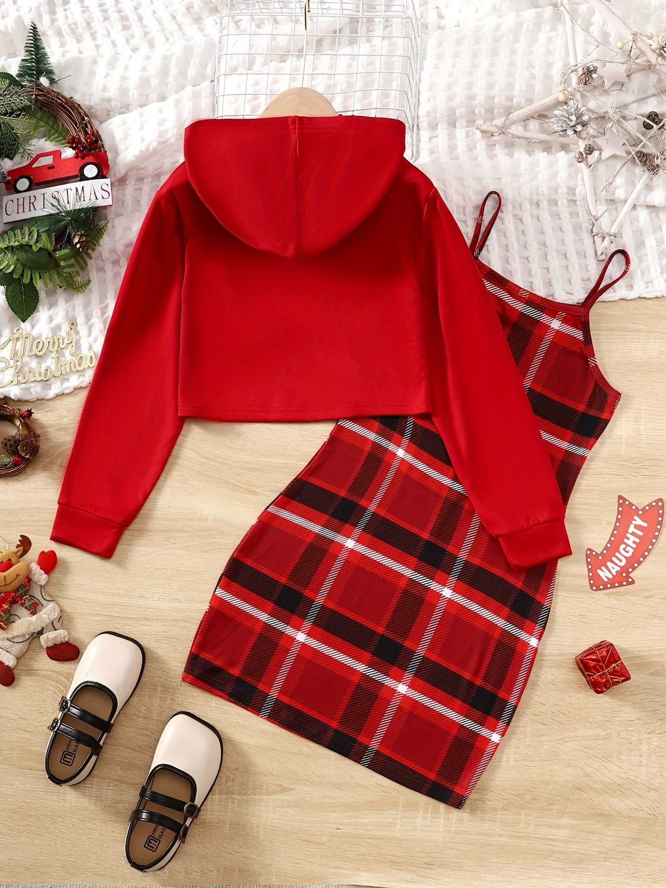 2pcs Girl's Trendy Christmas Outfit, Hoodie & Plaid Pattern Sundress Set, MERRY CHRISTMAS Print Kid's Clothes For Spring Autumn
