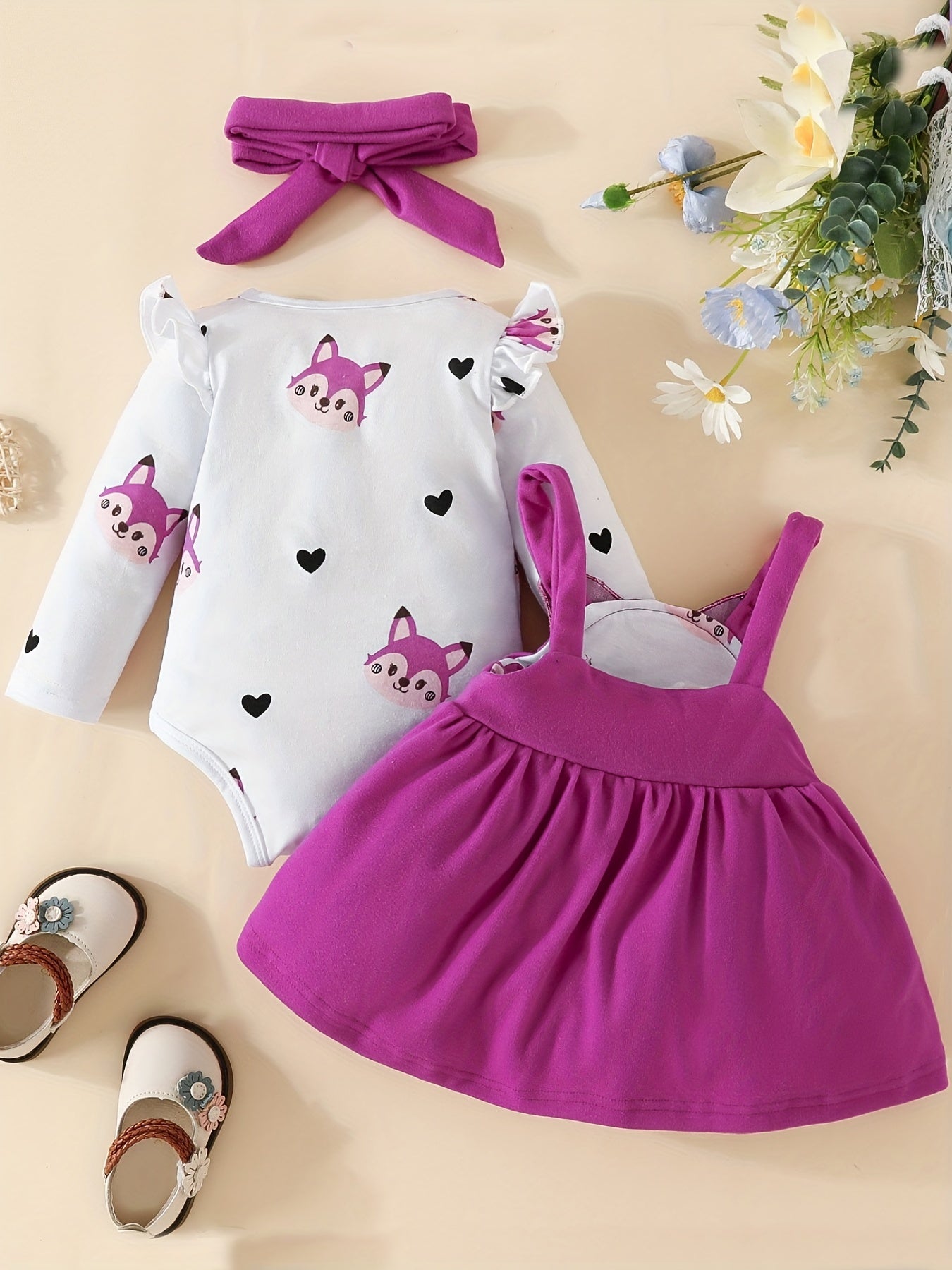 New Baby Girl Cute Fox Pattern Long-sleeved Suspender Skirt Outfit