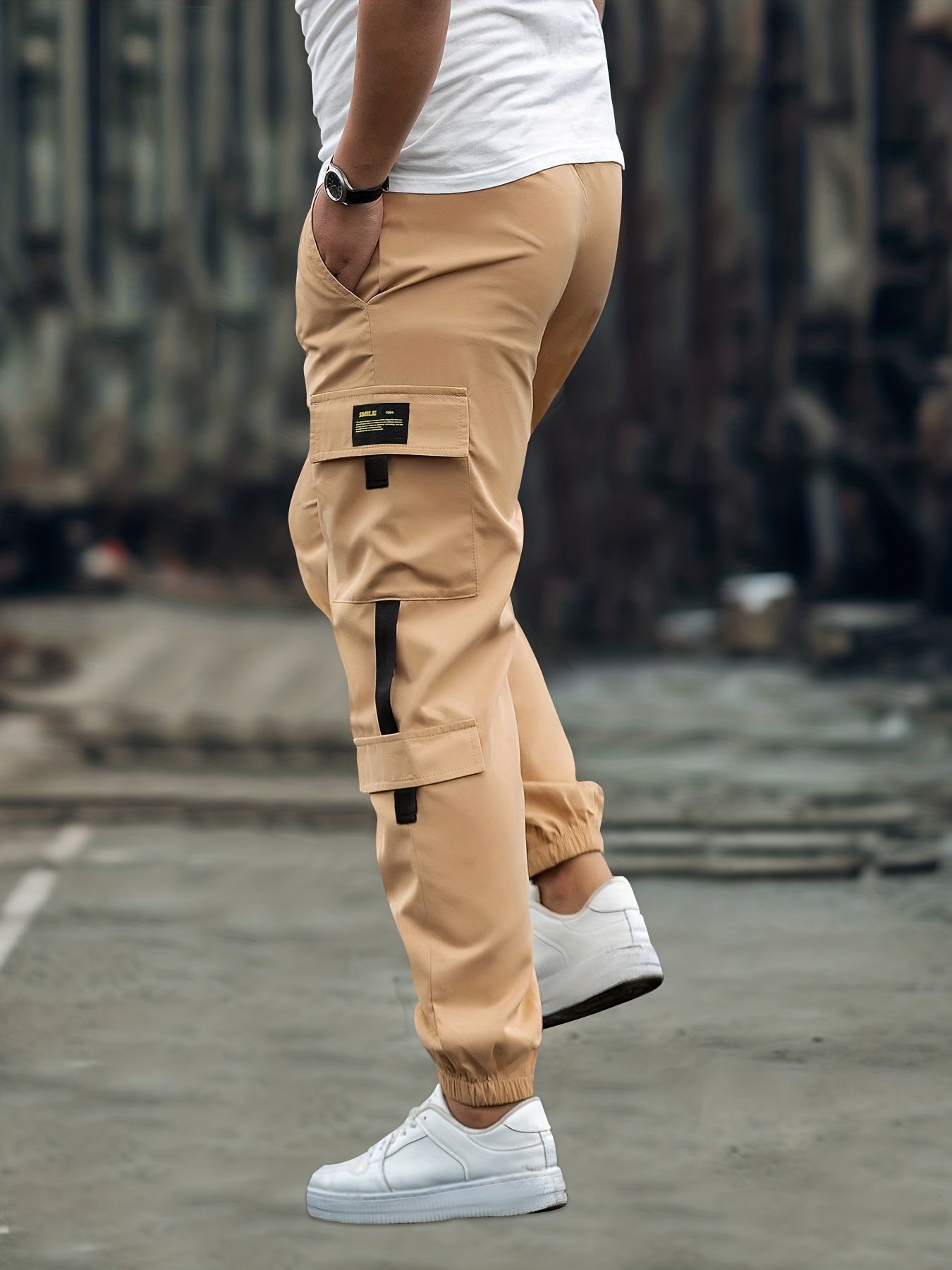 Multi Flap Pockets Cargo Pants, Men's Casual Loose Fit Drawstring Solid Color With Side Black Straps Design Cargo Pants Joggers For Spring Summer Outdoor