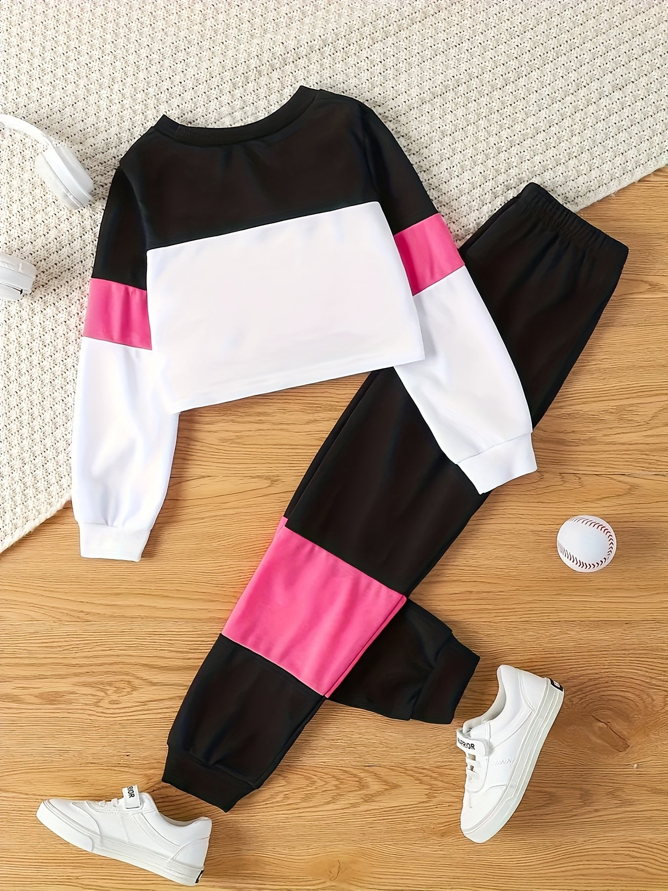 Alphabet Print Trendy Girls Color Block Long Sleeve Sweatshirt & Sports Pants Set, Girls Casual Outfit For Spring Fall