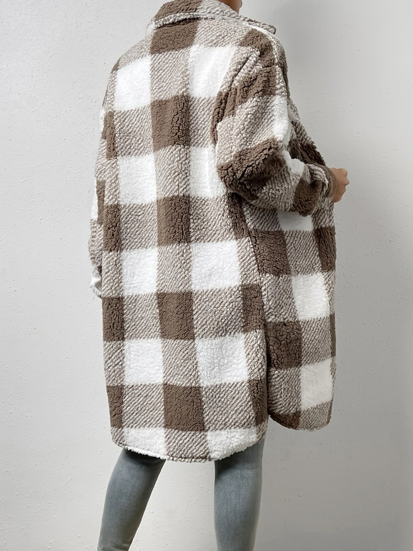 Plaid Pattern Teddy Coat, Casual Button Front Long Sleeve Outerwear, Women's Clothing