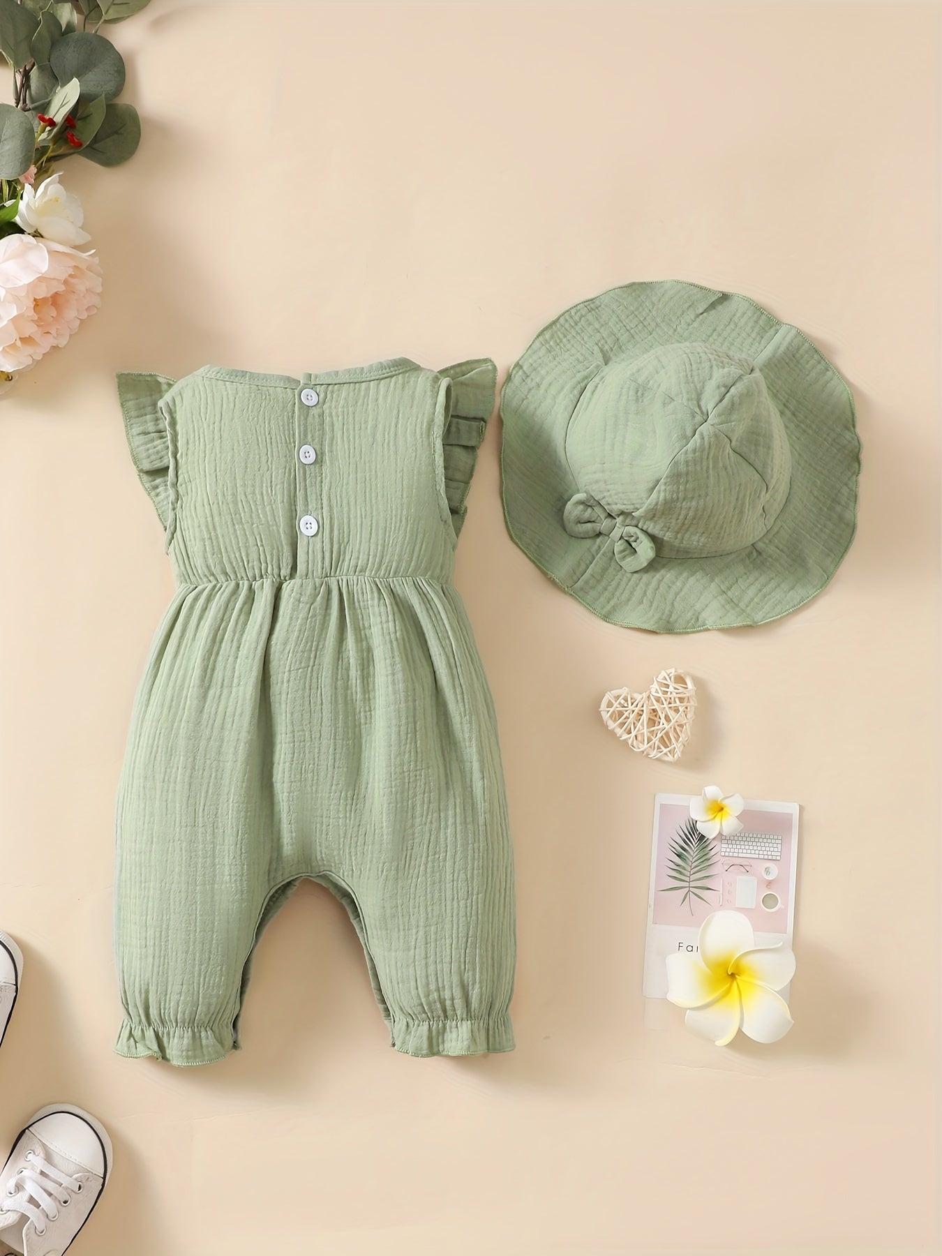 Stay Cool In Summer: 2pcs Baby Girl's Cotton Romper With Hat Set