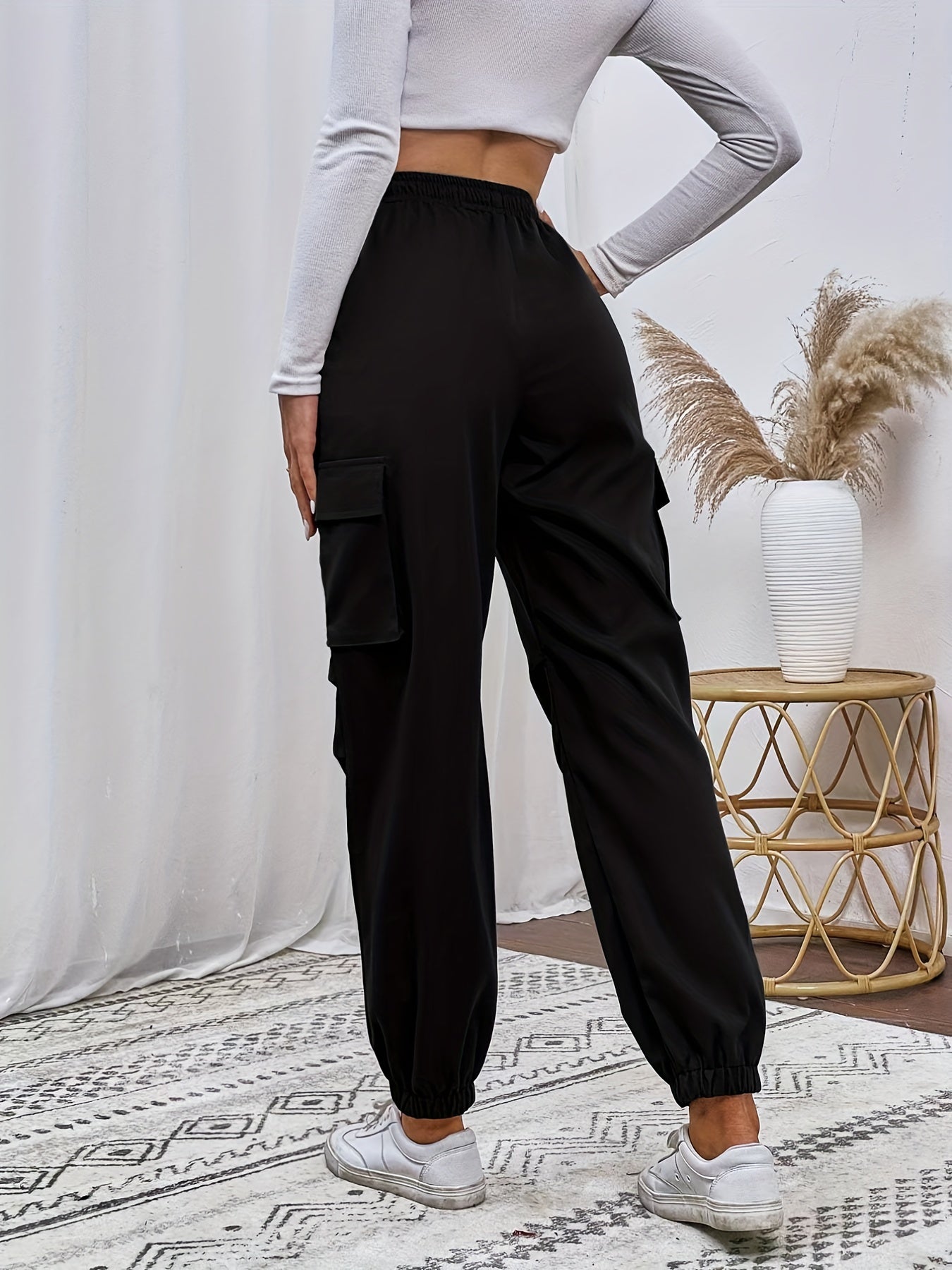 Y2K Flap Pocket Jogger Cargo Pants, Solid Drawstring Pants For All Season, Women's Clothing