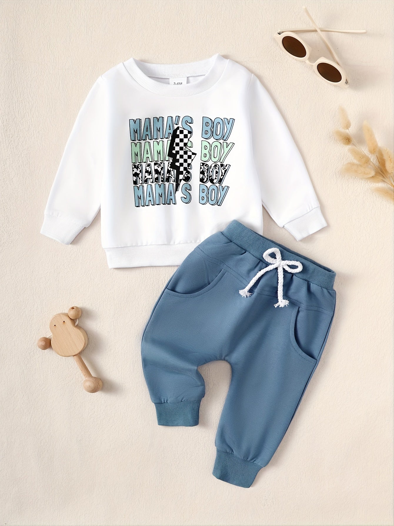 Baby Boys Long Sleeve Letter Pattern Sweatshirt Pants Set, MAMA IS MY BESTIE Print Casual Outfit