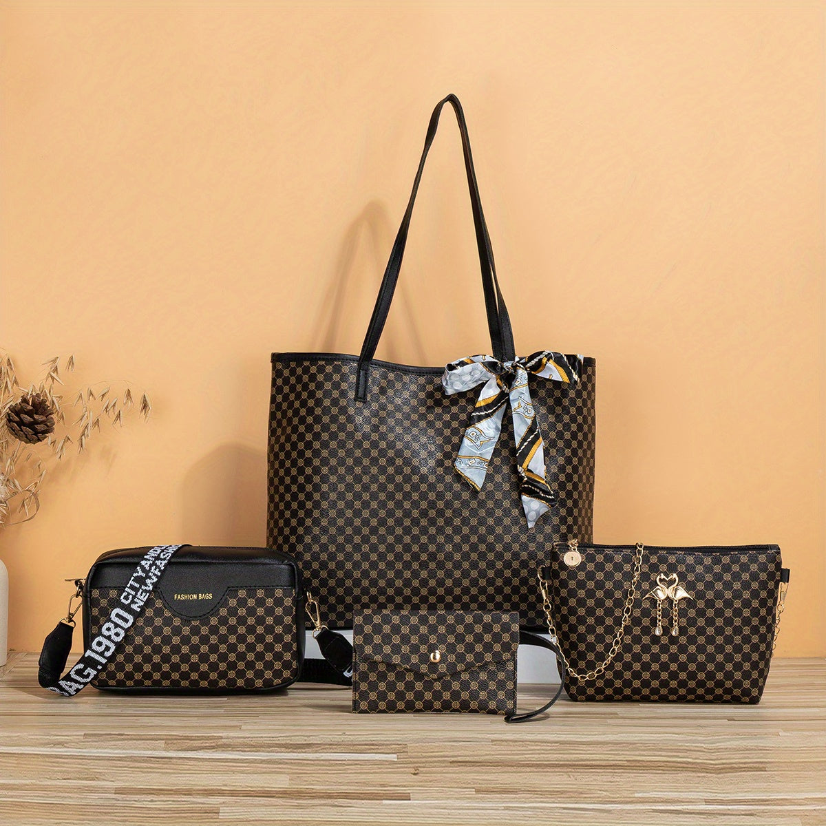 4 Pcs Quilted Detail Bag Sets, Solid Color Tote Bag With Shoulder Chain Bag & Purse & Crossbody Bag, Classic Bags With Scarf Decor