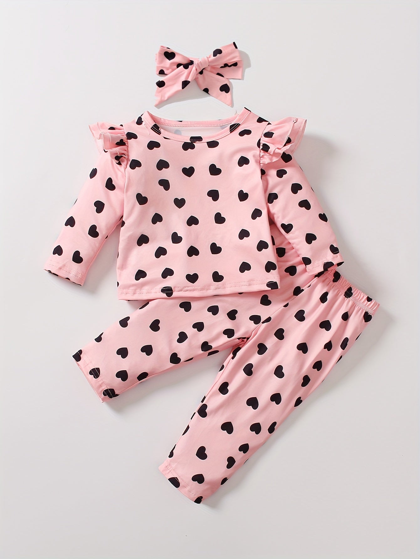 Toddler Baby Girls Heart Print Outfit - Ruffle Long Sleeve T-shirt & Loose Trousers & Headband, Casual & Comfy