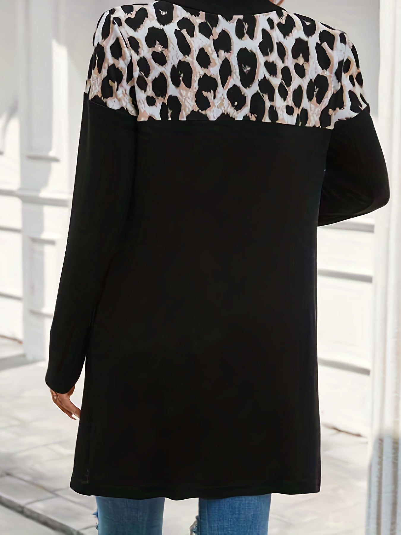 Plus Size Casual Coat, Women's Plus Leopard Print Long Sleeve Open Front High Stretch Coat