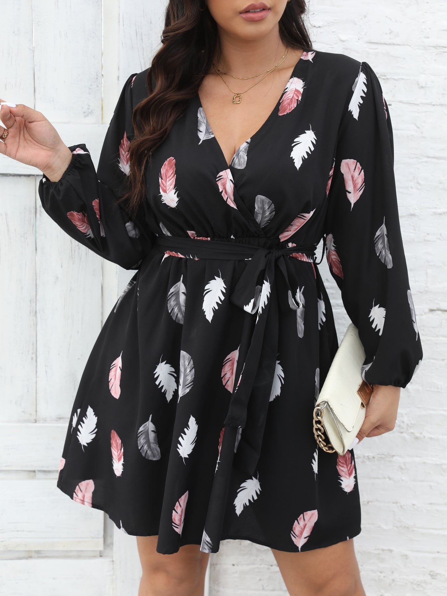 Plus Size Elegant Dress, Women's Plus Feather Print Lantern Sleeve Surplice Neck Belted Mini Dress