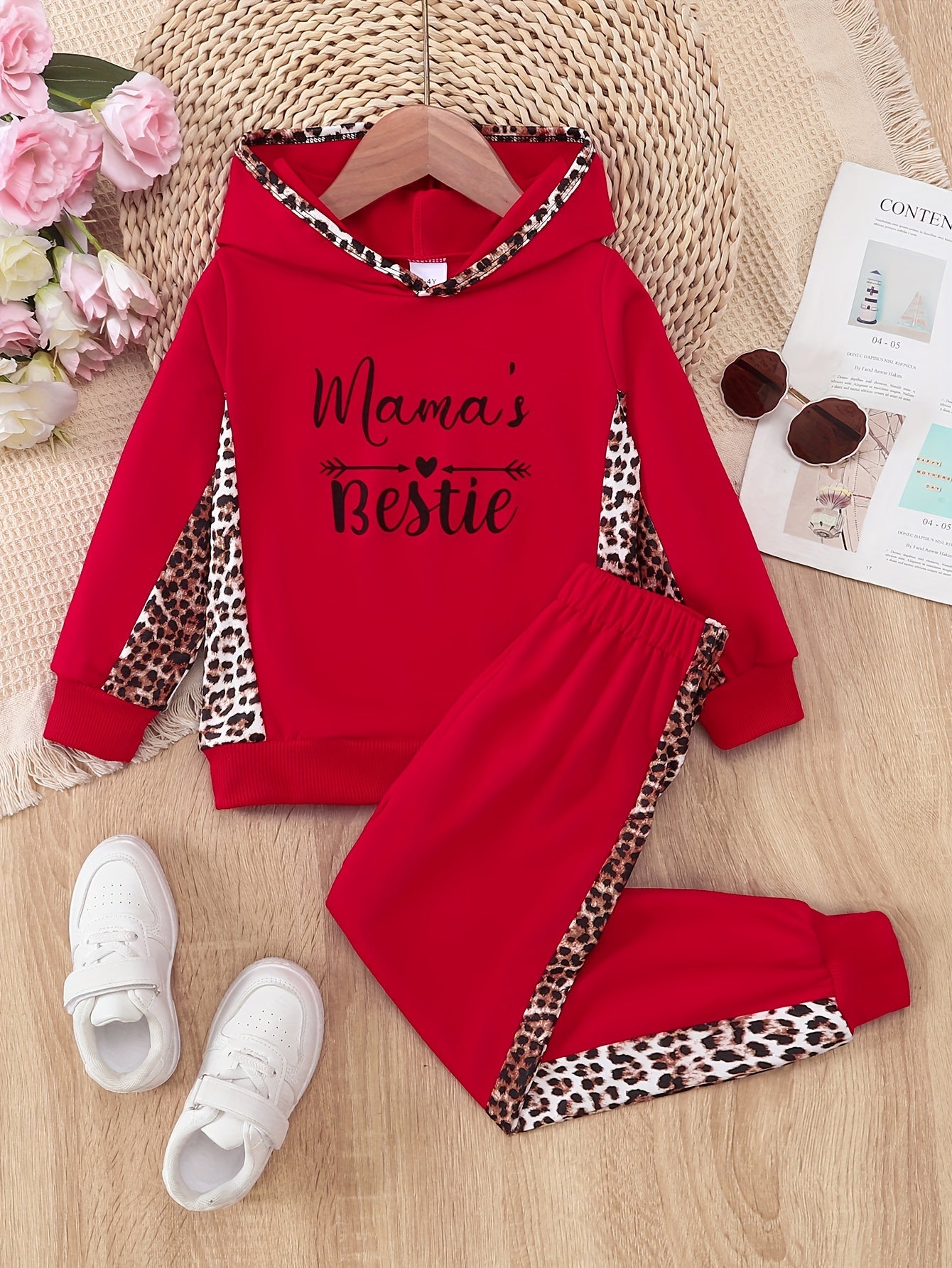 Leopard Pattern Toddler Girl's 2pcs, Hoodie & Sweatpants Set, MAMA'S BESTIE Print Casual Outfits, Kids Clothes For Spring Fall