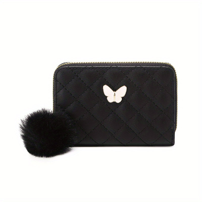 Butterfly Decor Short Wallet, Zipper Around Coin Purse, Quilted Detail Card Holder With Pom Pom