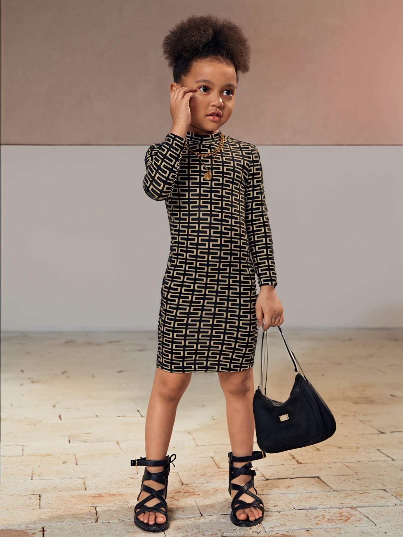 Girls Elegant Geometric Print Mock Neck Long Sleeve Bodycon Dress For 4-7 Years Old, Spring And Autumn