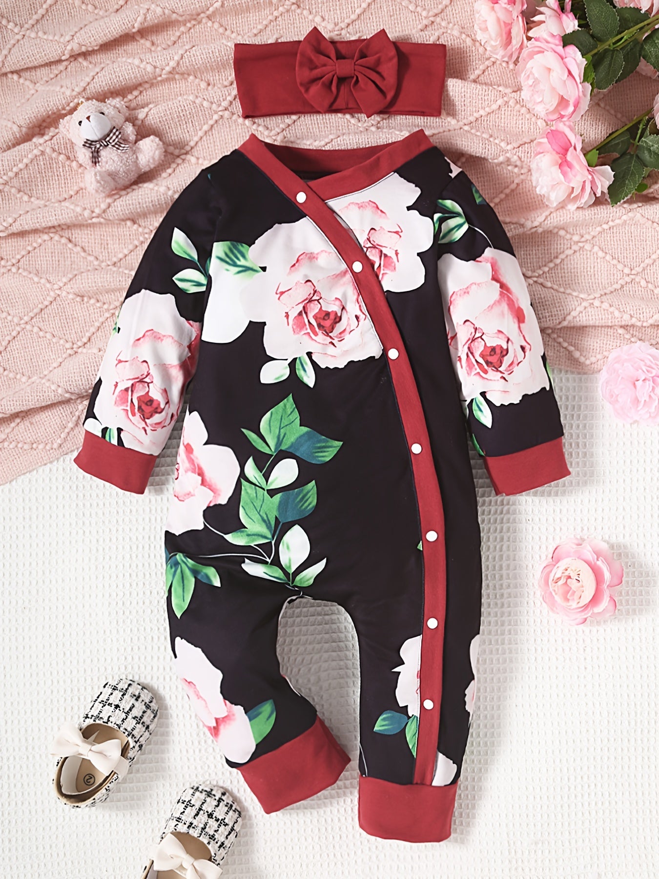 2pcs Baby Girls Floral Graphic Long Sleeve Romper & Headband Set